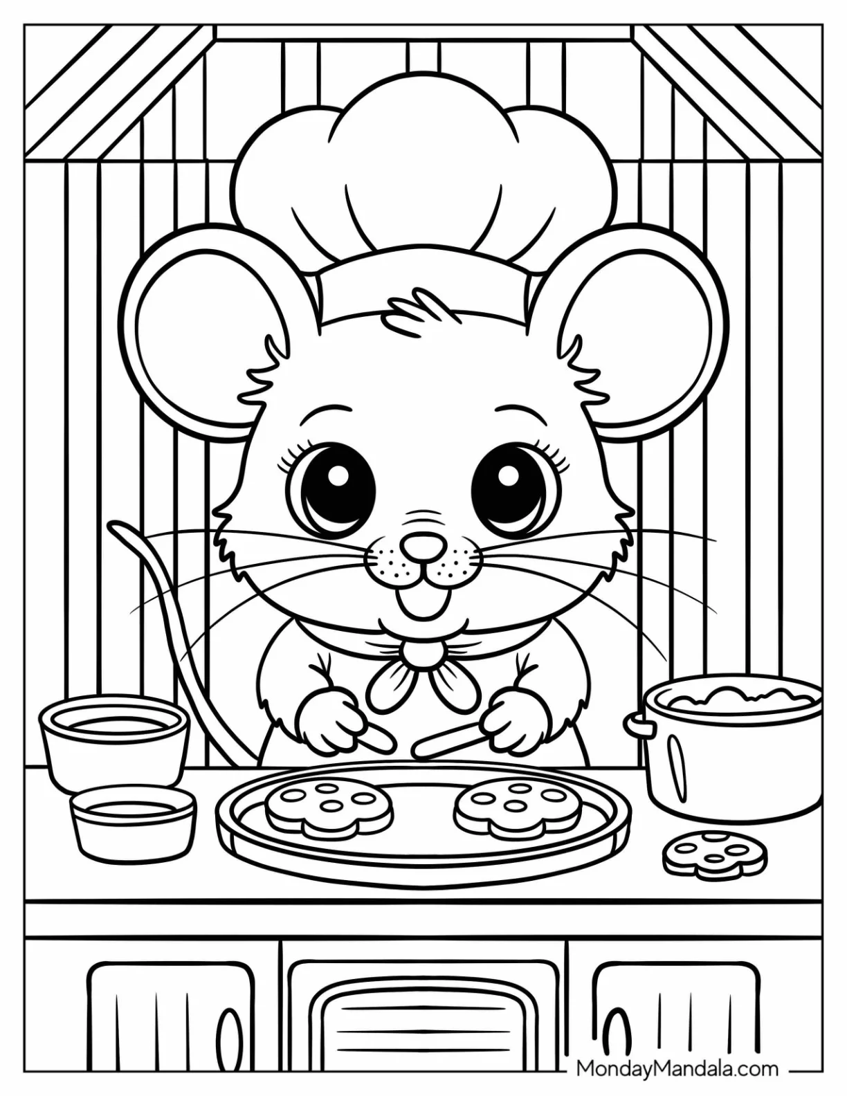 Mouse Coloring Page Baking Cookies in a Tiny Kitchen with Chef Hat for Kids coloring page