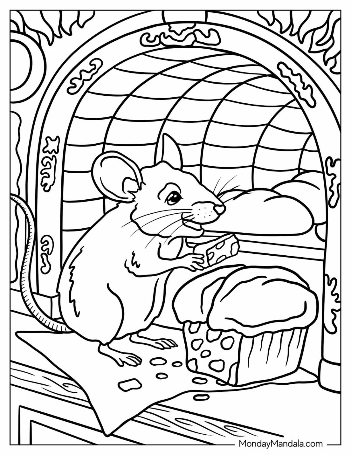 Mouse Coloring Page Eating Cheese Beside a Muffin in a Warm Kitchen Nook coloring page — printable line art