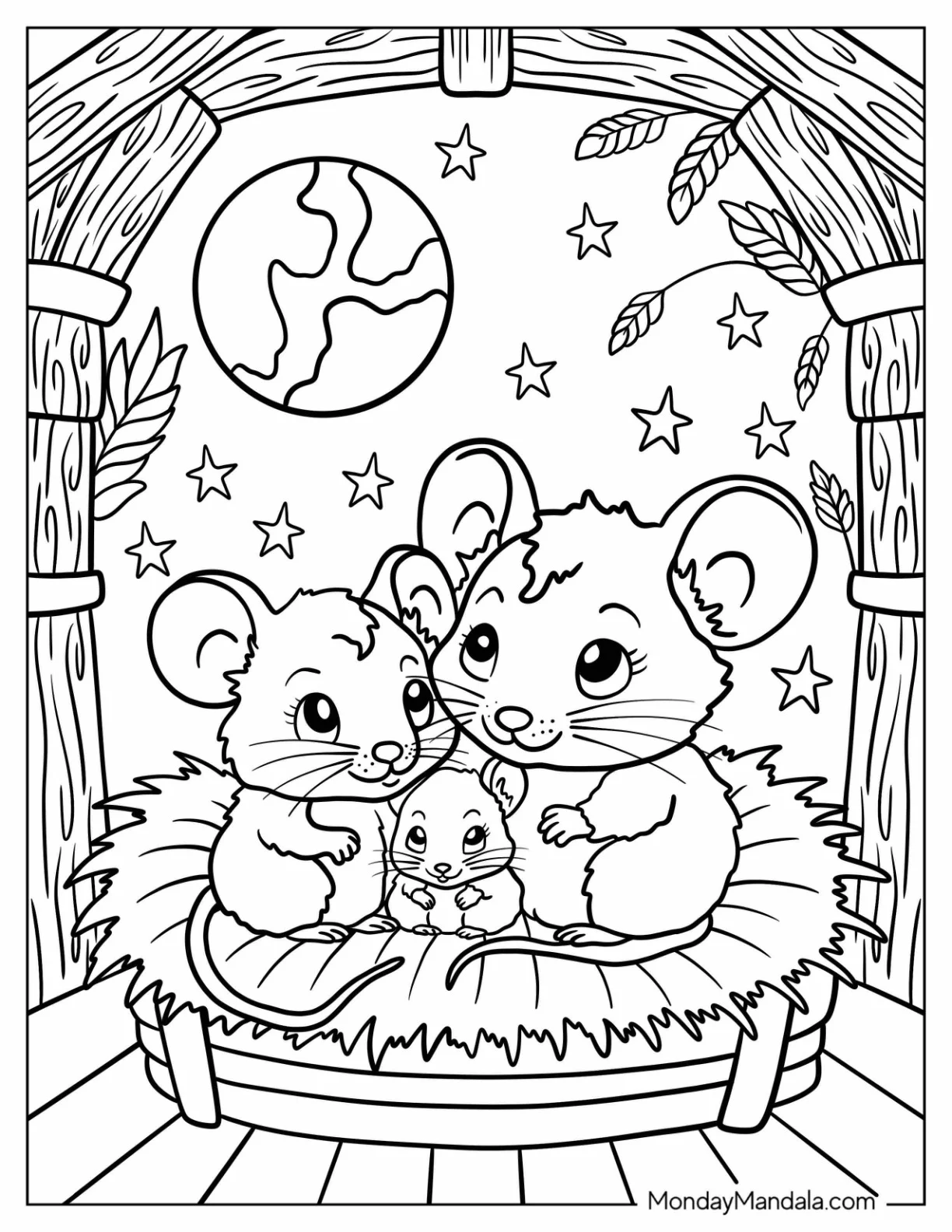 Mouse Coloring Page Family Snuggling in a Nest Under the Stars coloring page — printable line art