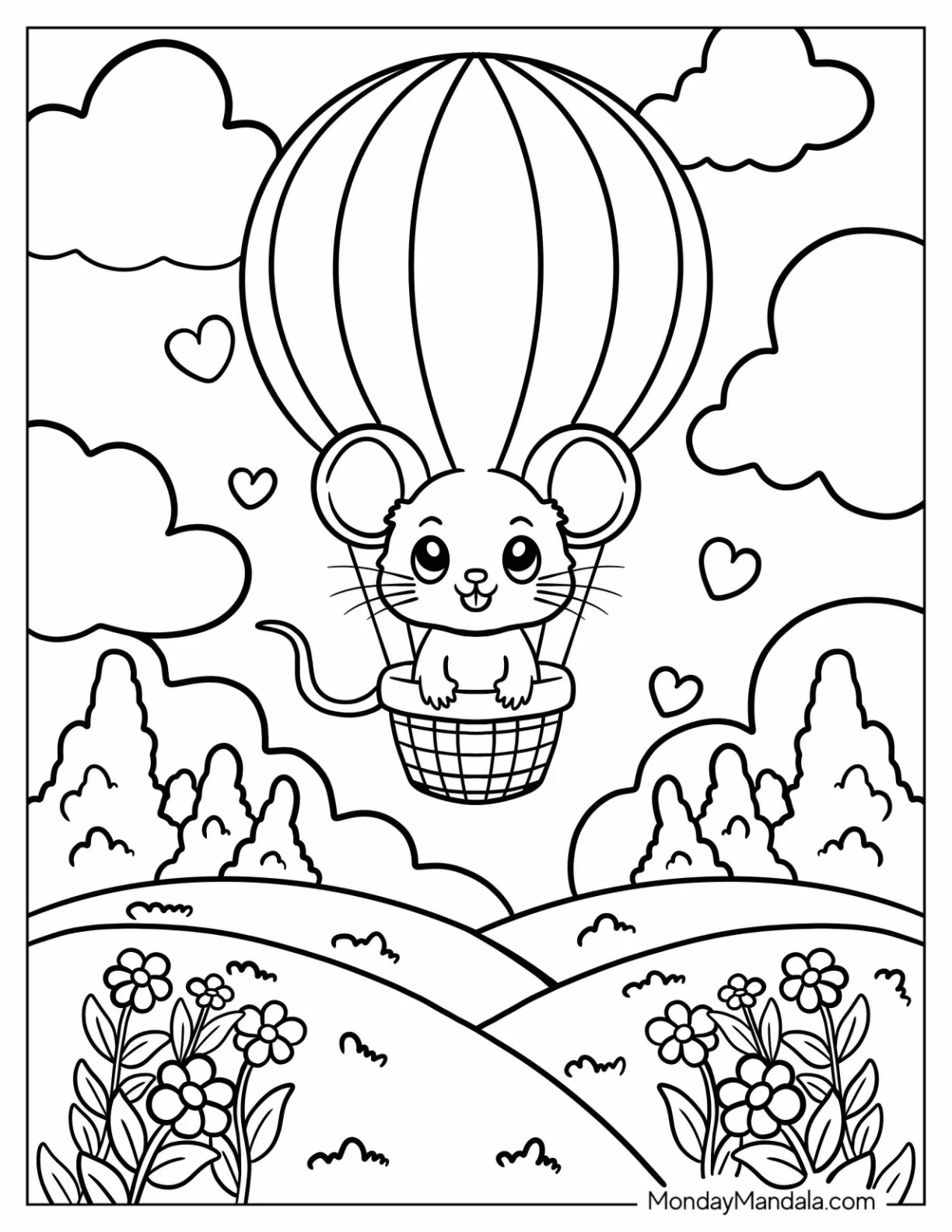 Mouse Coloring Page Floats Through the Clouds in a Hot Air Balloon for Preschoolers coloring page