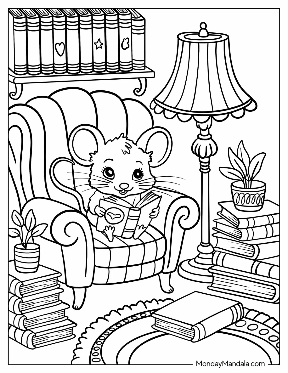 Mouse Coloring Page Holding a Storybook Under a Lamp Beside a Pile of Novels coloring page