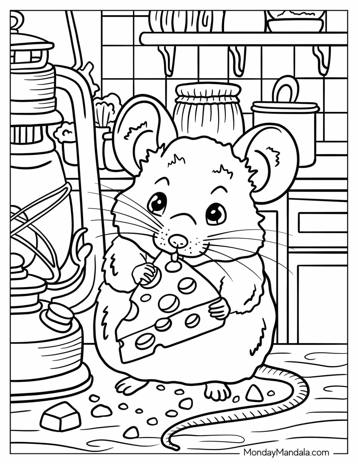 Mouse Coloring Page Holding a Wedge of Cheese in a Cozy Country Kitchen for Kids coloring page