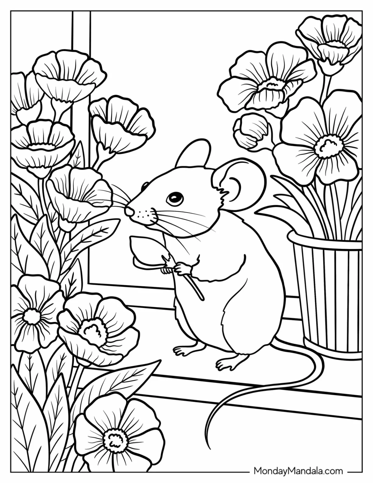 Mouse Coloring Page in a Flower Filled Window Garden Holding a Spoon coloring page