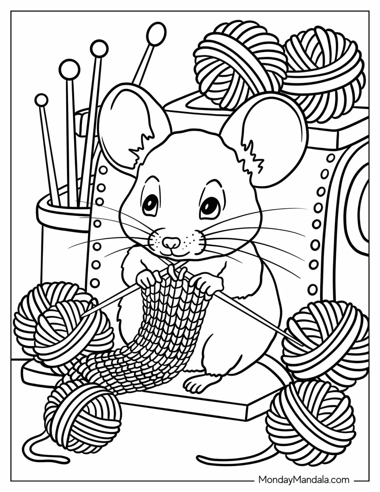 Mouse Coloring Page Knitting with Yarn Balls in a Cozy Sewing Corner coloring page — printable line art