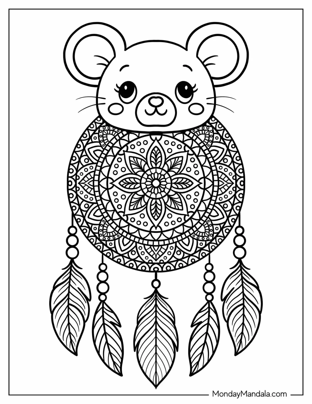 Mouse Coloring Page on a Dreamcatcher Mandala with Beads and Feathers coloring page