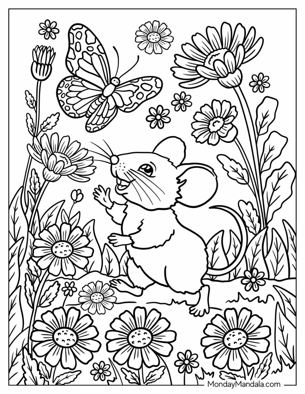 Mouse Coloring Page Reaching Toward a Butterfly in a Meadow of Daisies coloring page — printable line art