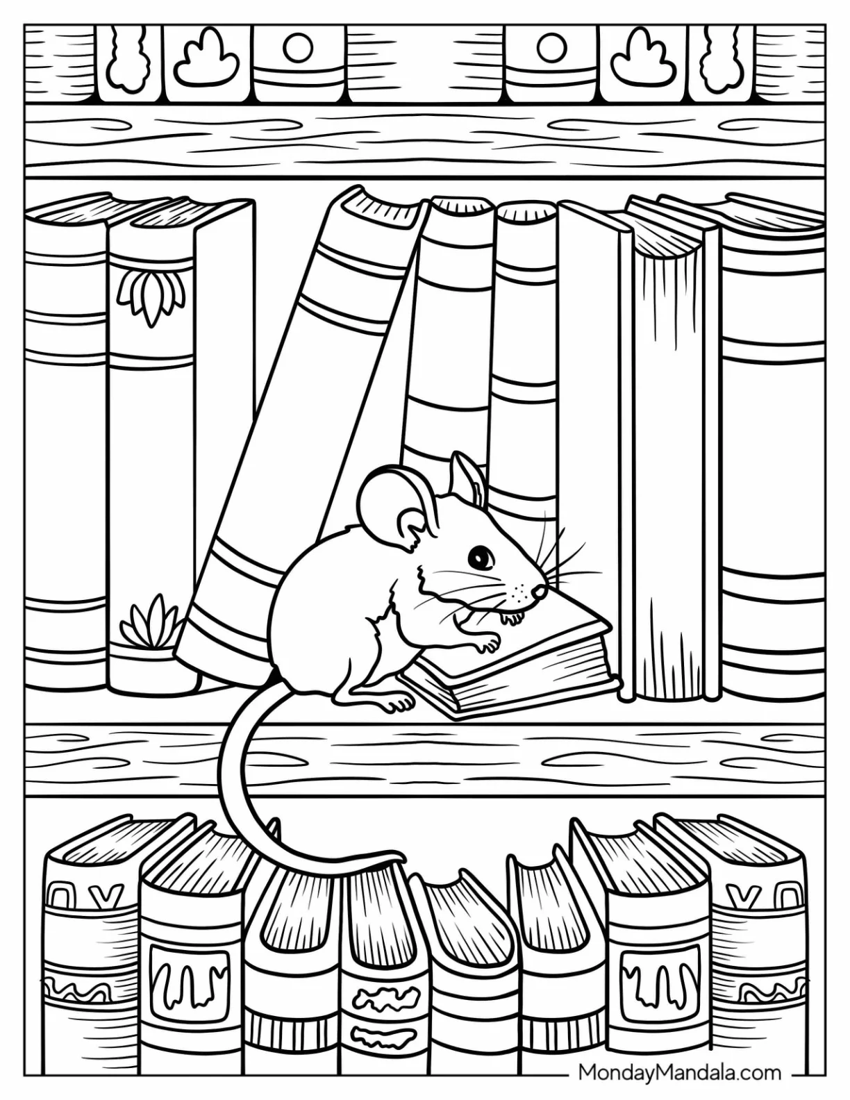 Mouse Coloring Page Resting on a Classic Novel Inside a Library Shelf coloring page