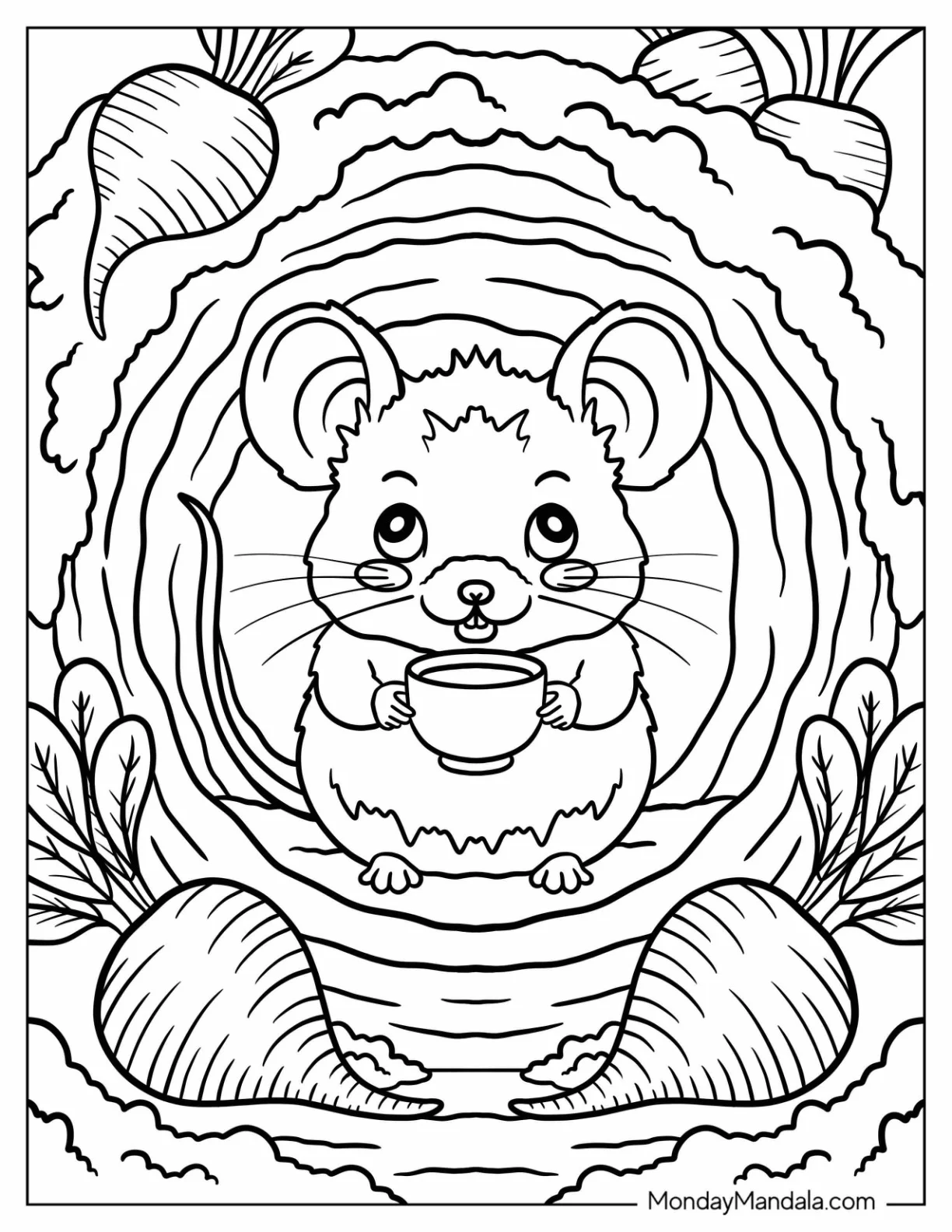 Mouse Coloring Page Sipping Tea Inside a Cozy Root Cellar coloring page