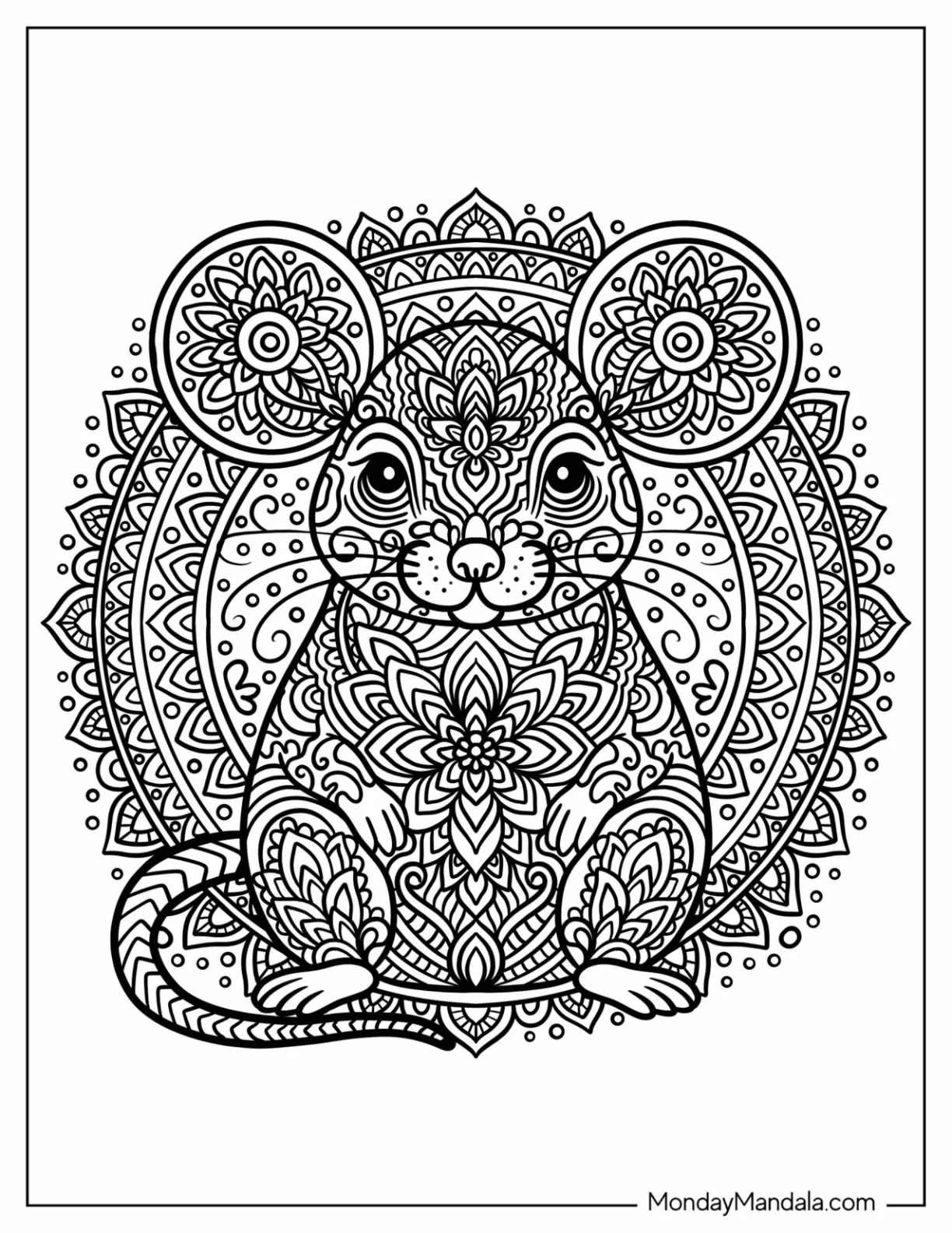 Mouse Coloring Page Sitting at the Center of a Detailed Mandala Pattern coloring page — printable line art