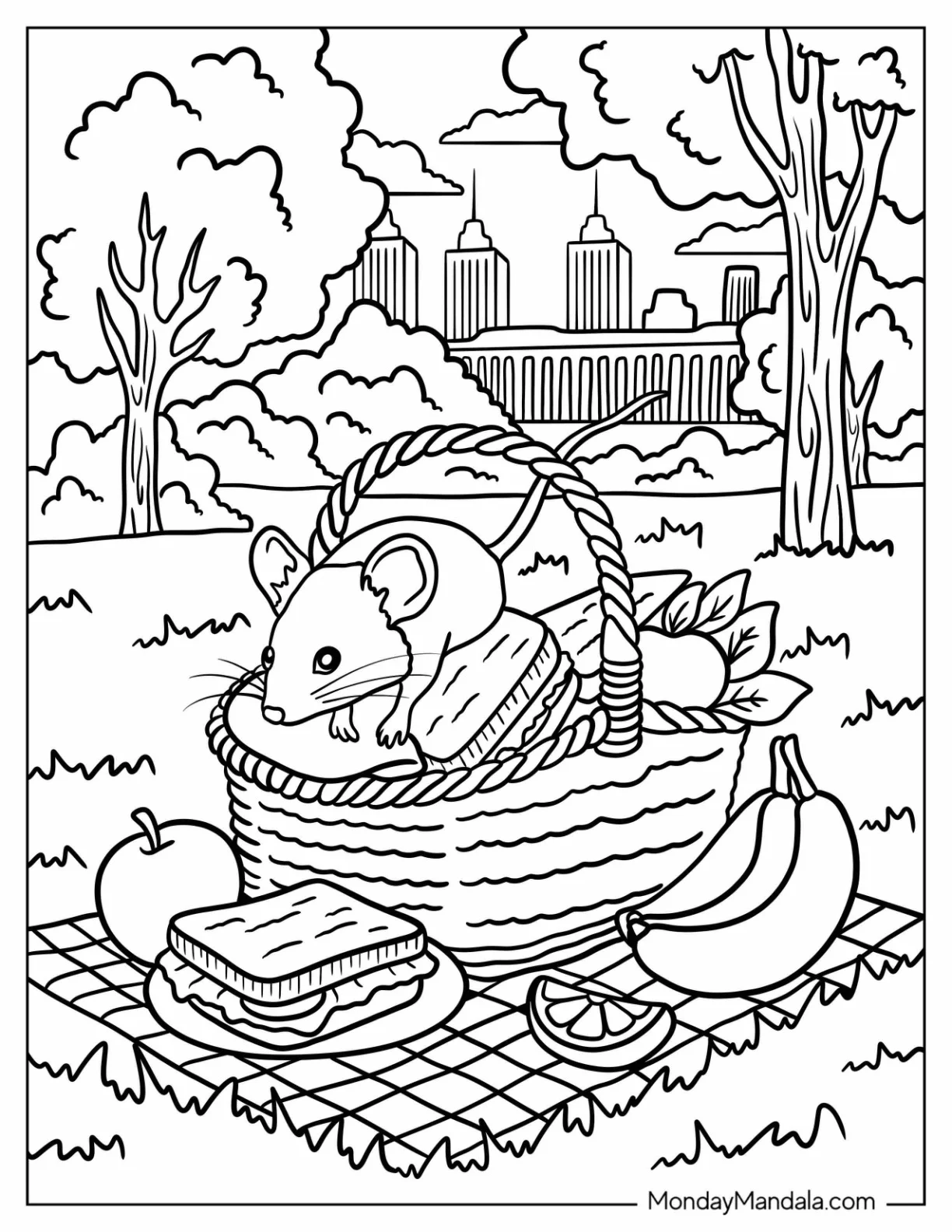 Mouse Coloring Page Sitting in a Picnic Basket Surrounded by Fruit and Sandwiches coloring page — printable line art