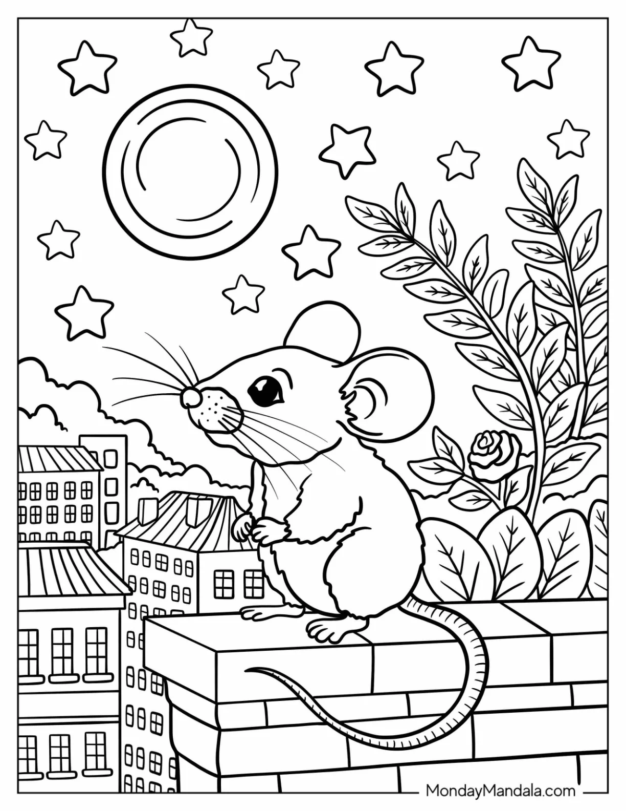 Mouse Coloring Page Sitting on a Brick Wall Under a Starry Night Sky for Kids coloring page — printable line art