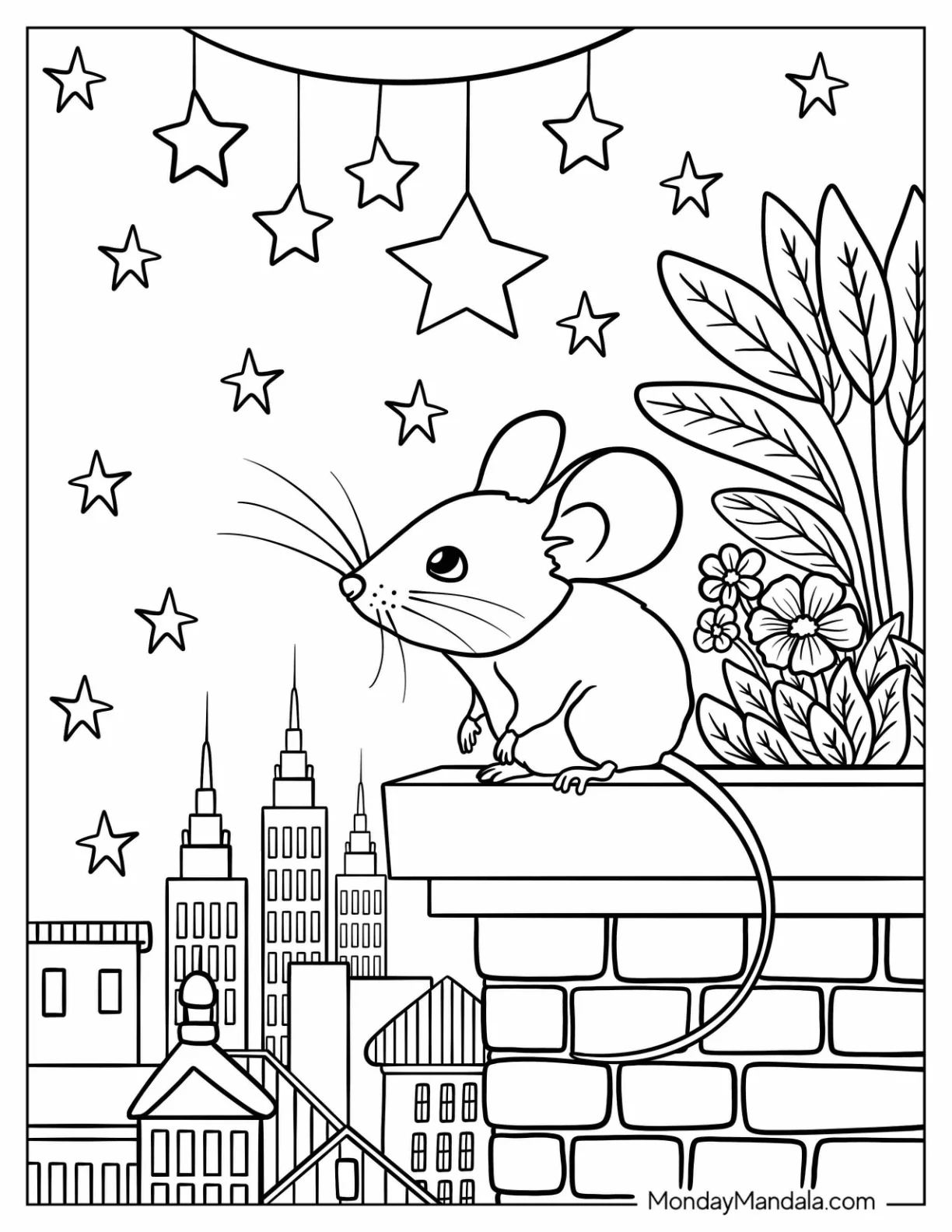 Mouse Coloring Page Sitting on a Rooftop Garden Ledge Overlooking the City for Kids coloring page