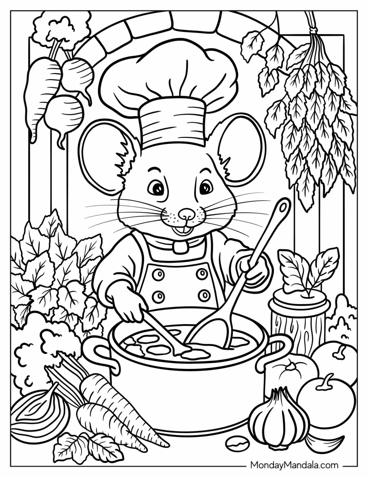 Mouse Coloring Page Stirring a Pot of Vegetable Soup in a Garden Kitchen coloring page
