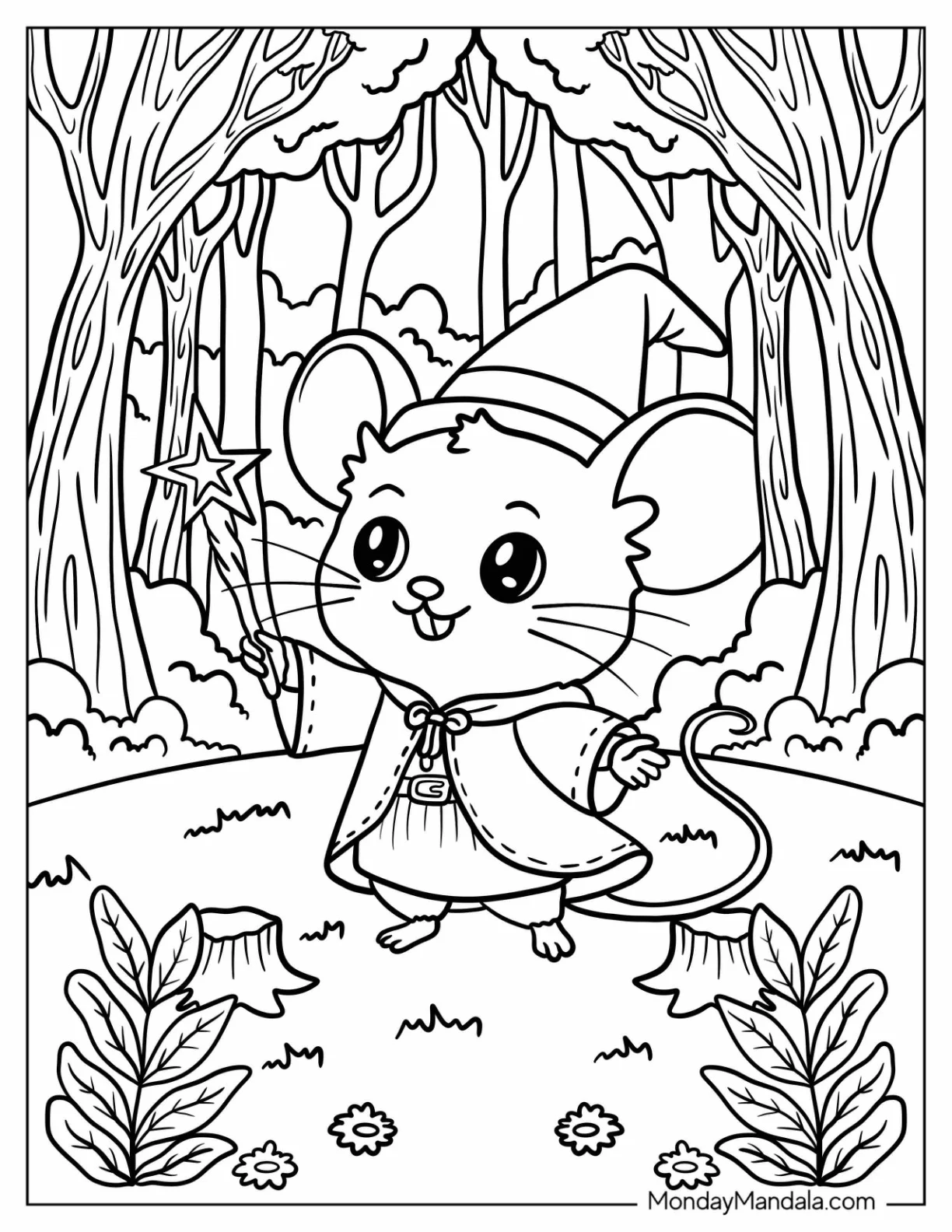 Wizard Mouse Coloring Page Casts a Spell in an Enchanted Forest coloring page