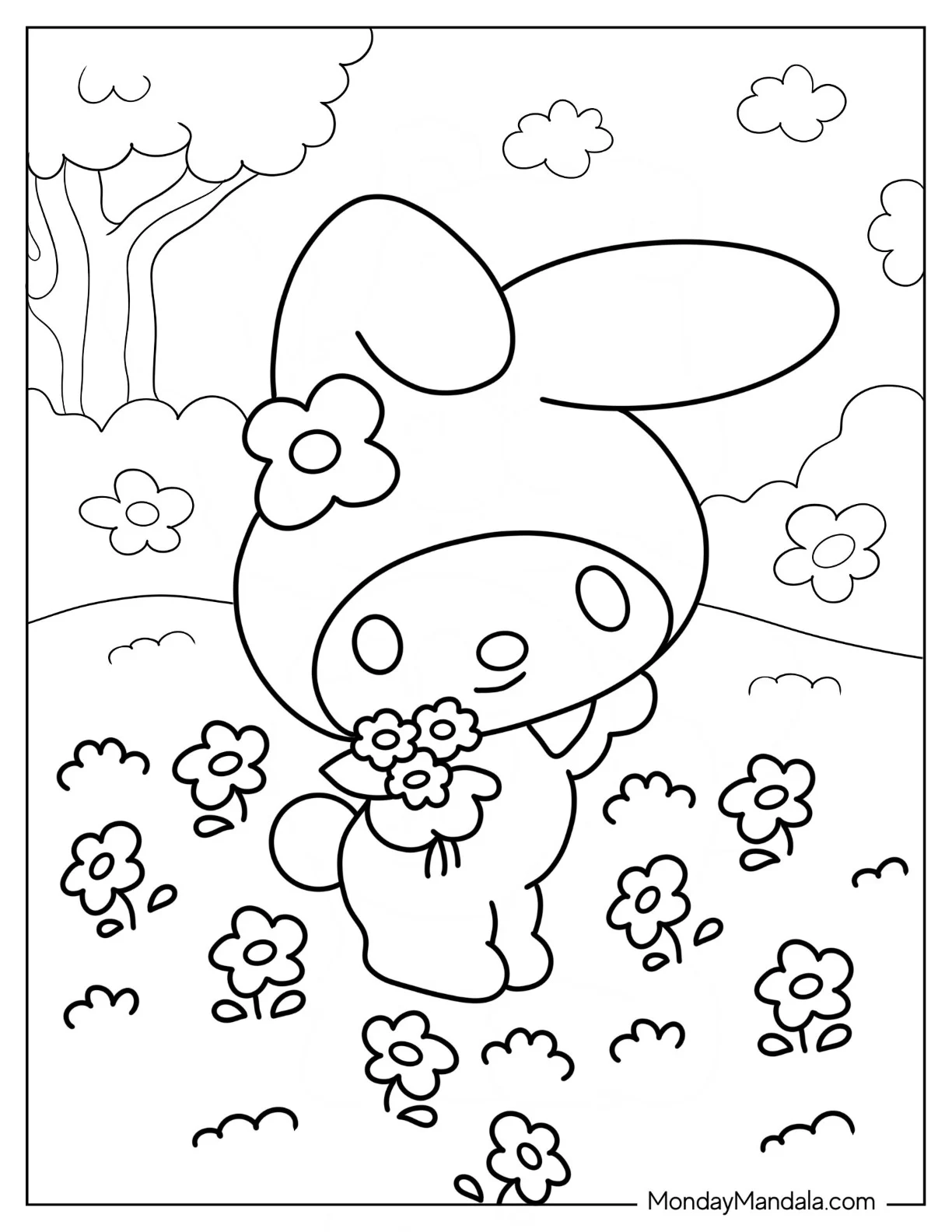 Kawaii My Melody Coloring Page Picking Flowers coloring page