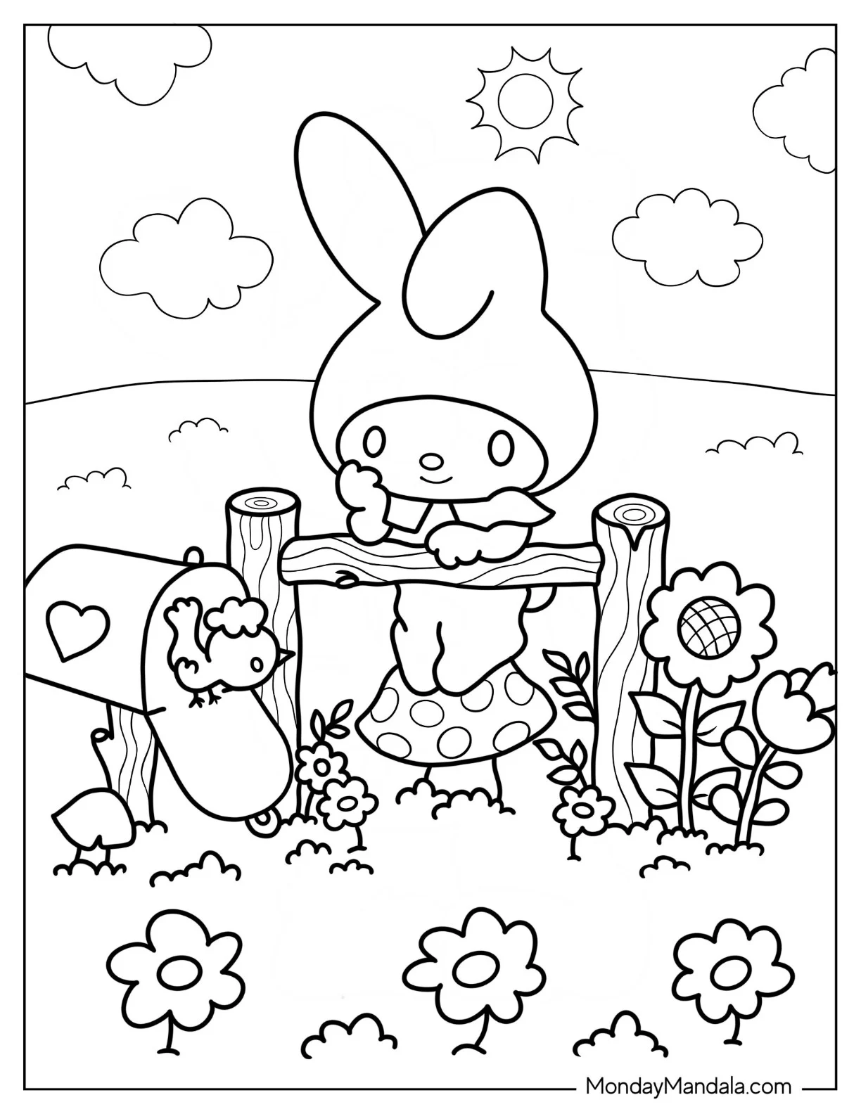 Kawaii My Melody Coloring Page Watching Bird coloring page