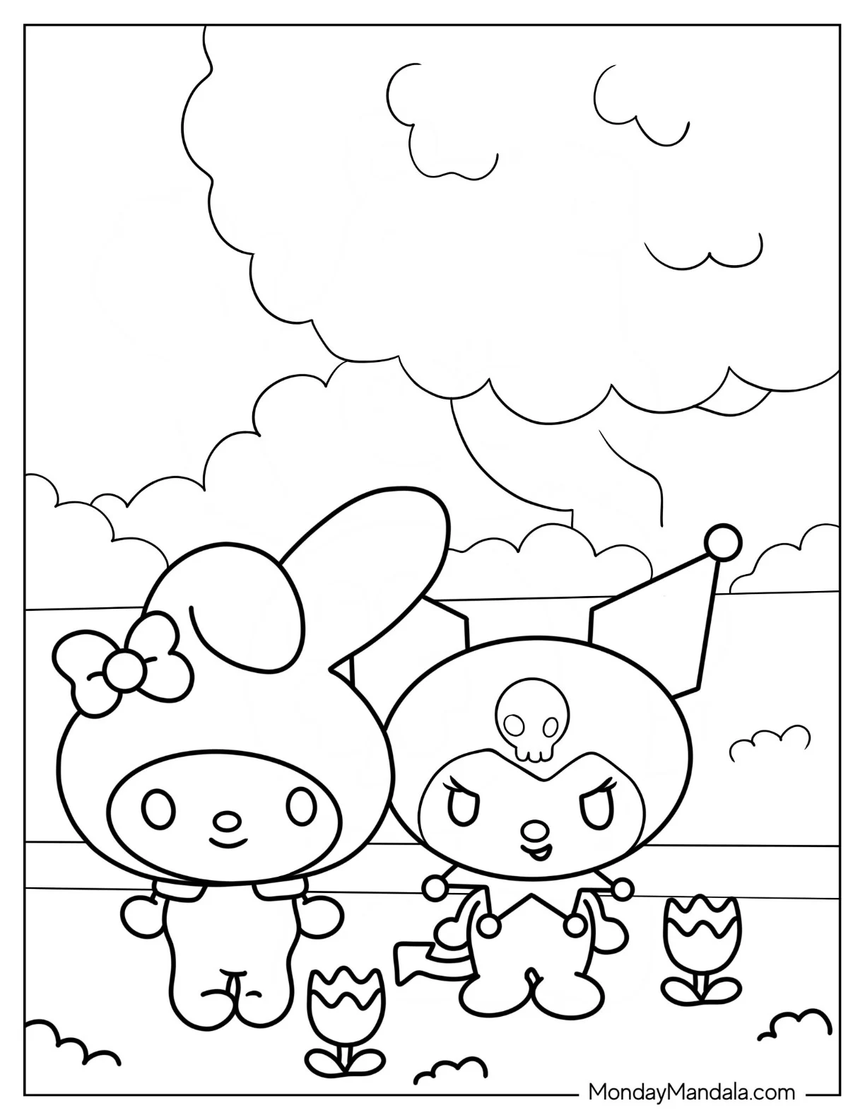Kuromi In Garden With My Melody Coloring Page coloring page
