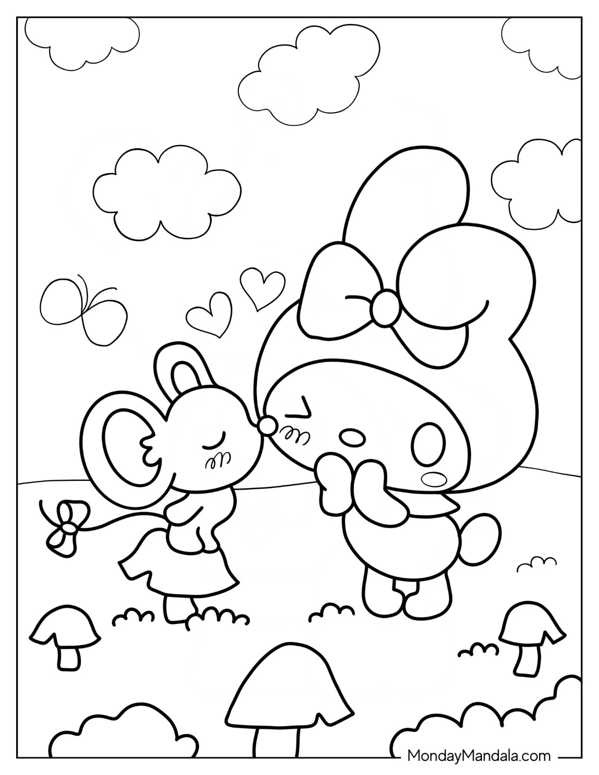 My Melody Coloring Page Getting Kiss From Flat coloring page