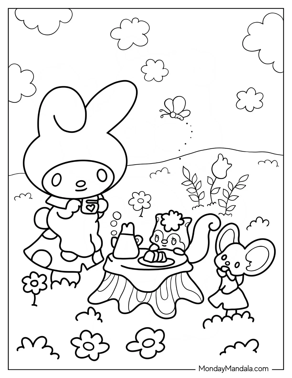 My Melody Coloring Page Having Tea With Flat And Risu coloring page
