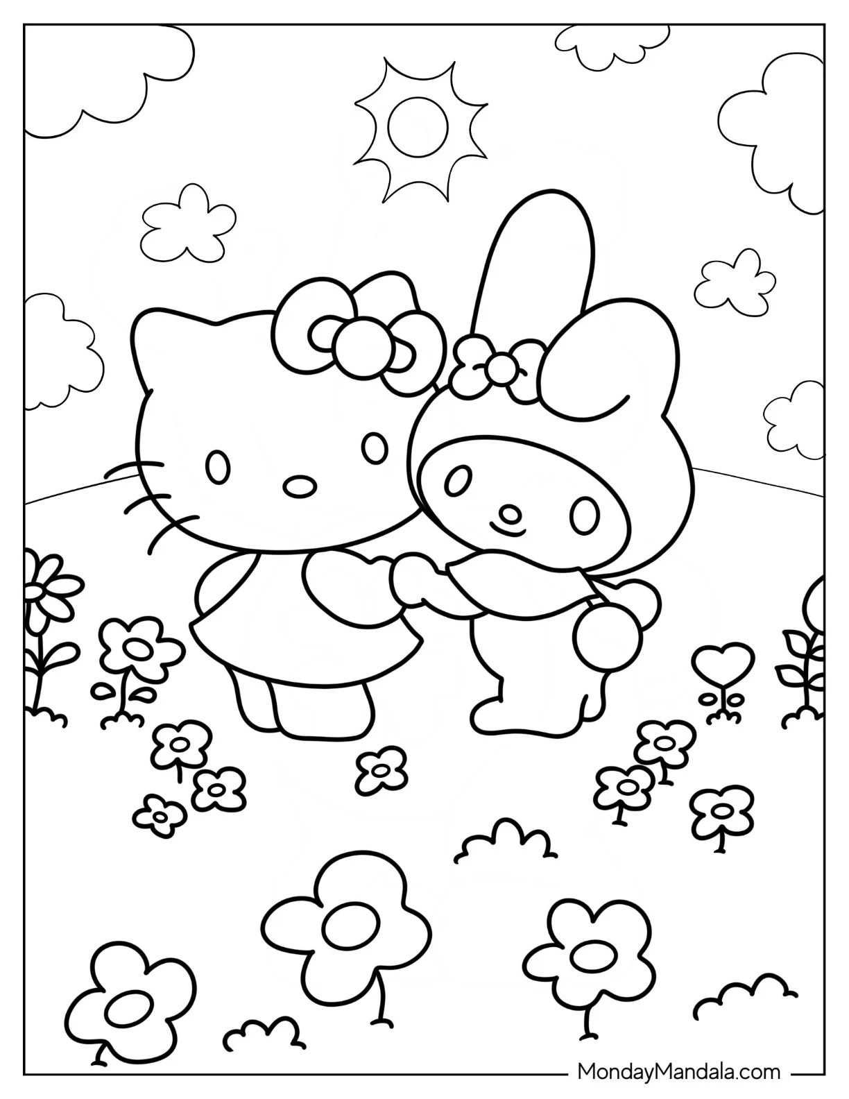 My Melody Coloring Page Holding Hands With Hello Kitty coloring page