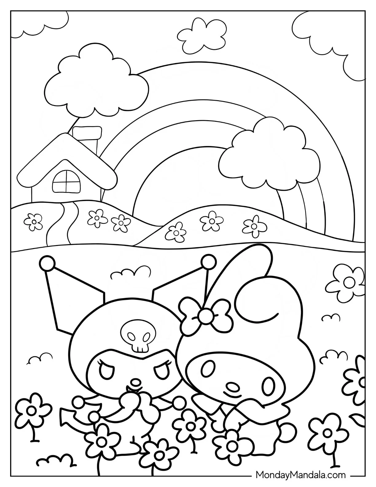My Melody Coloring Page In Flower Field With Kuromi coloring page