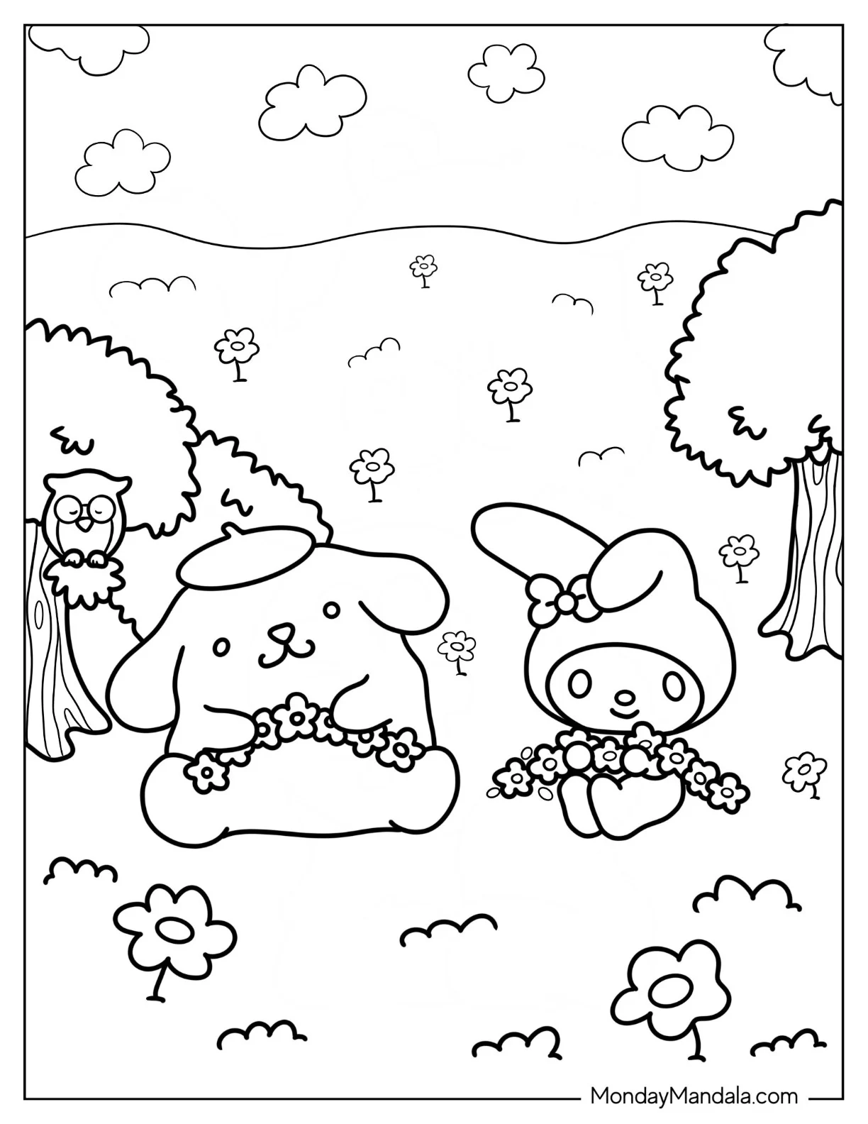 My Melody Coloring Page Making Flower Wreaths With Pompompurin coloring page