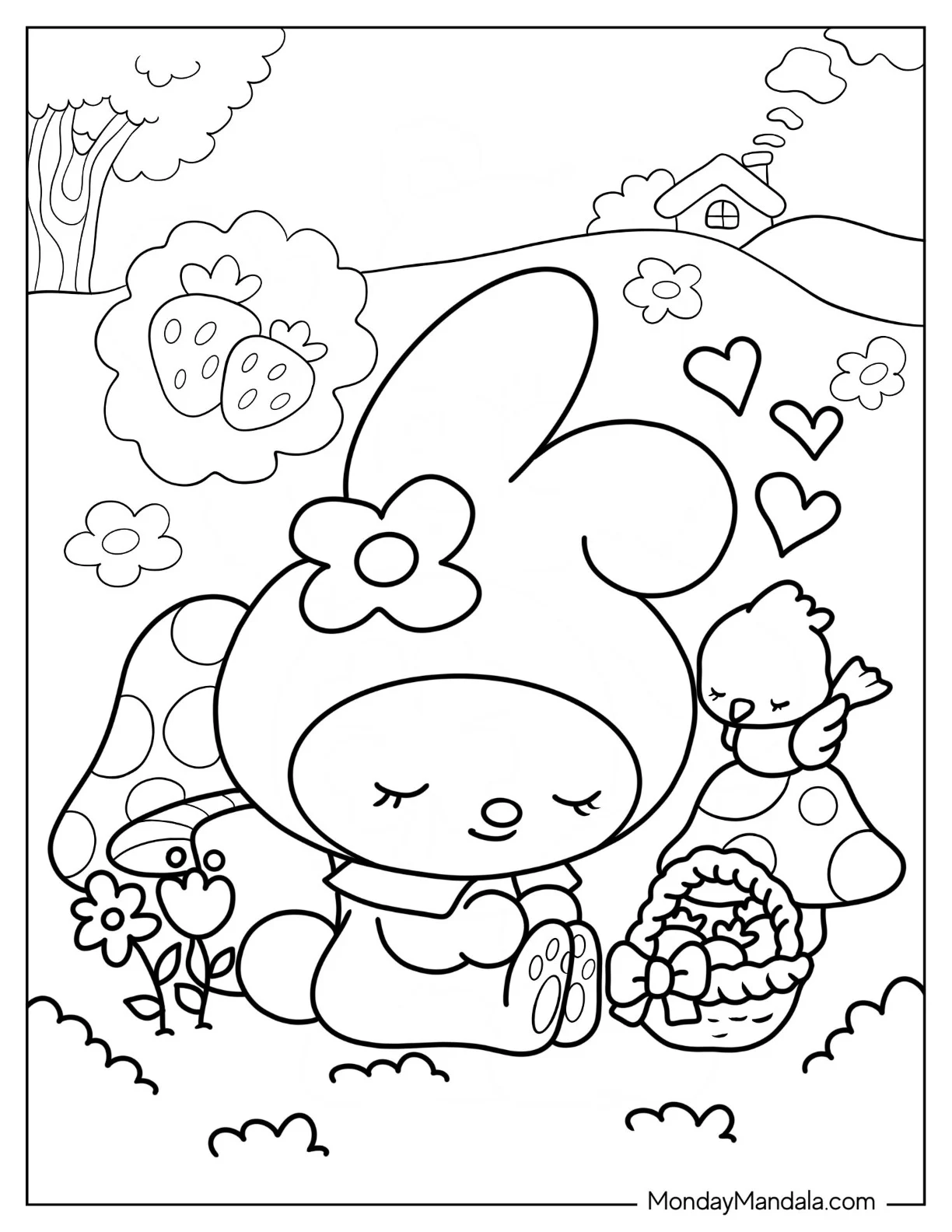 My Melody Coloring Page Napping In Garden For Kids coloring page