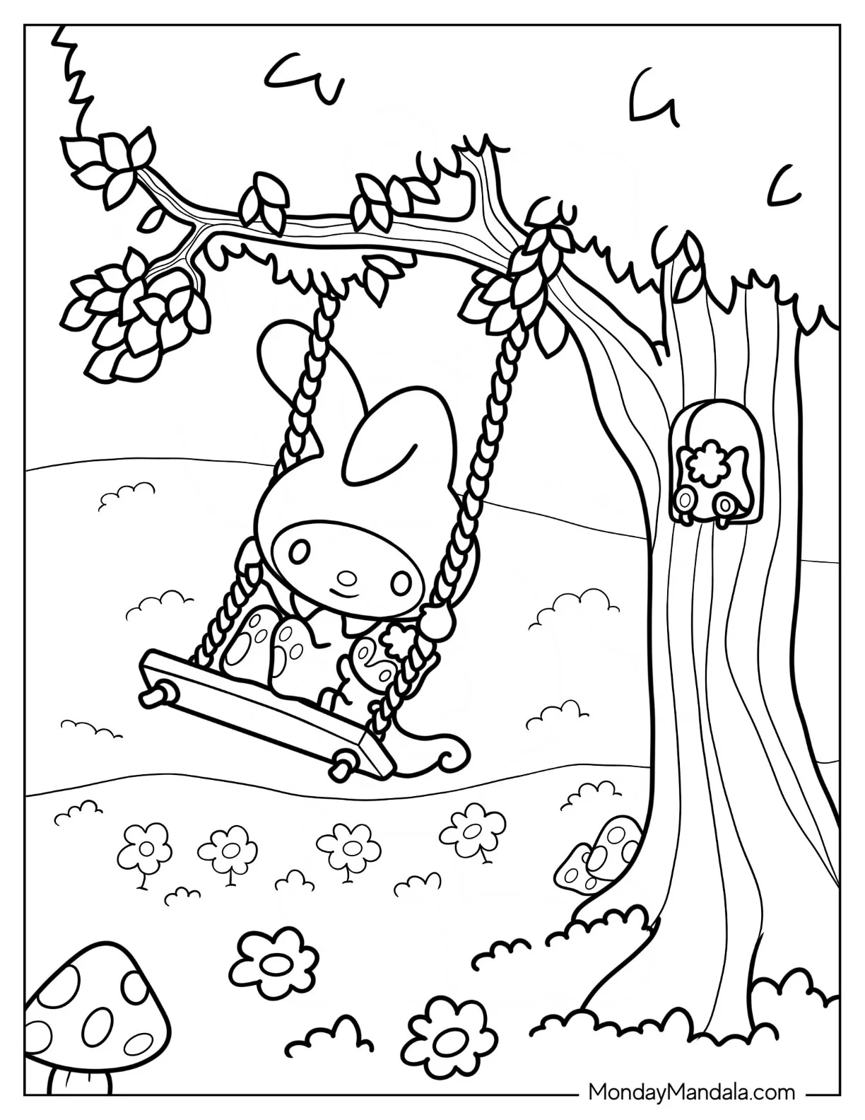 My Melody Coloring Page On A Swing With Risu coloring page