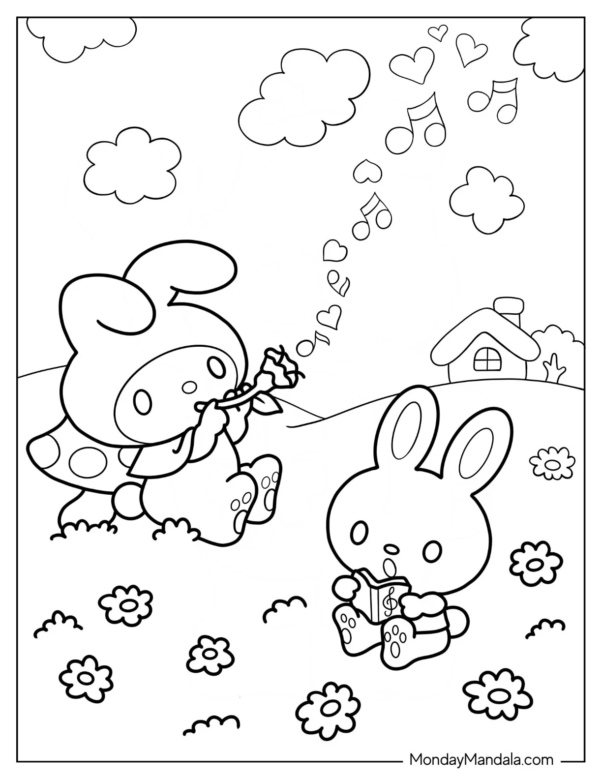My Melody Coloring Page Playing Flower Flute While Rhythm Sings coloring page