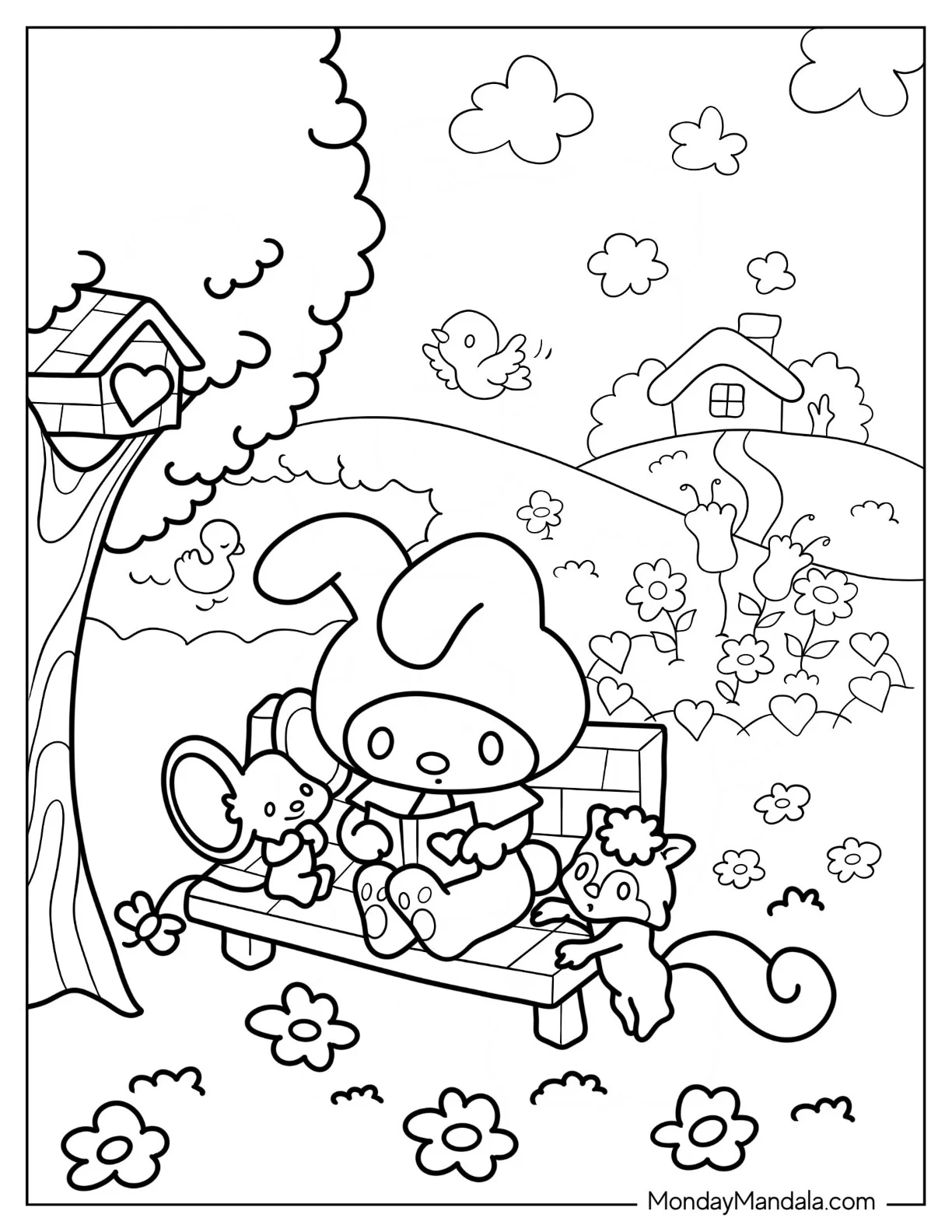 My Melody Coloring Page Reading Book With Flat And Risu coloring page