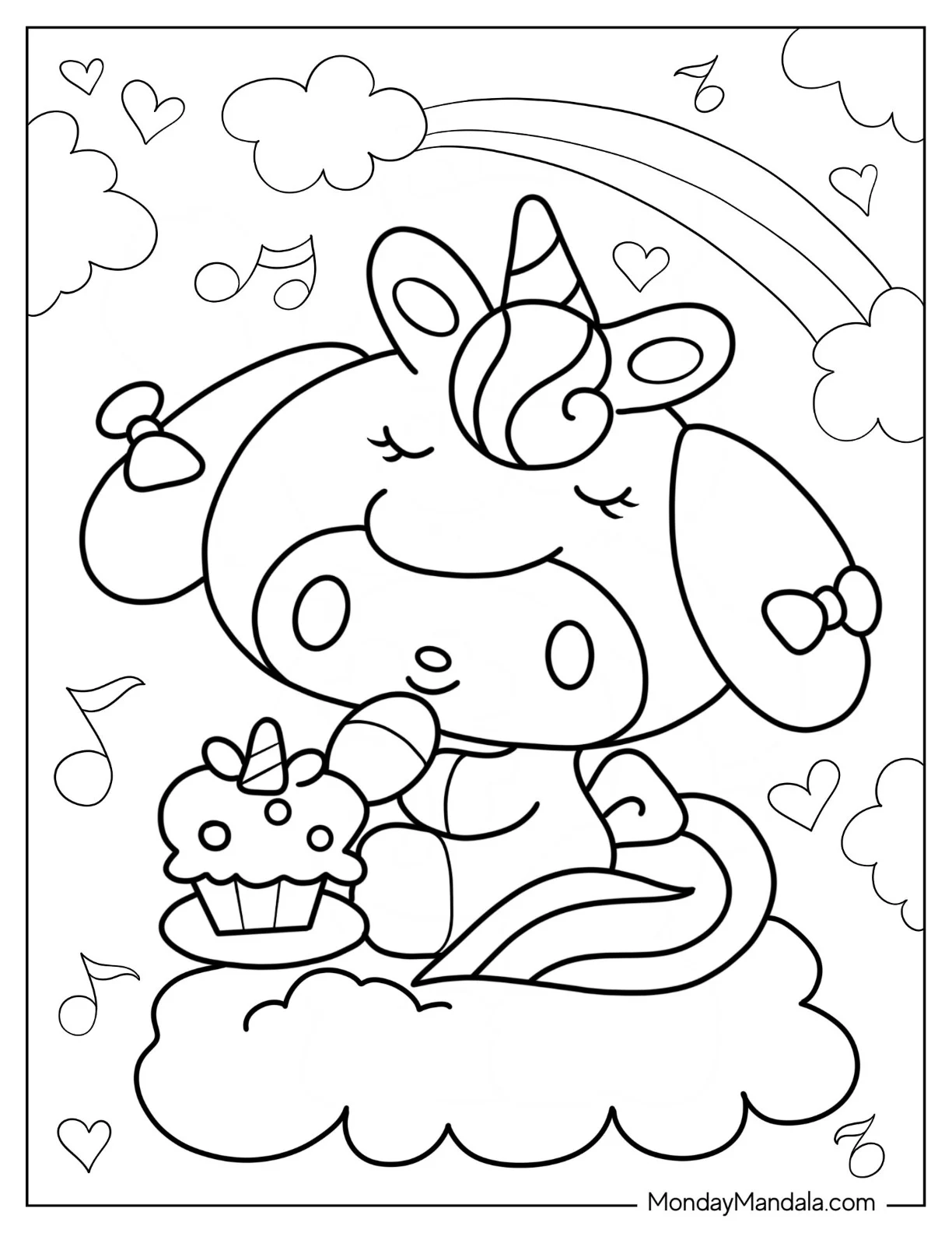 Unicorn My Melody Coloring Page Eating Cupcake coloring page