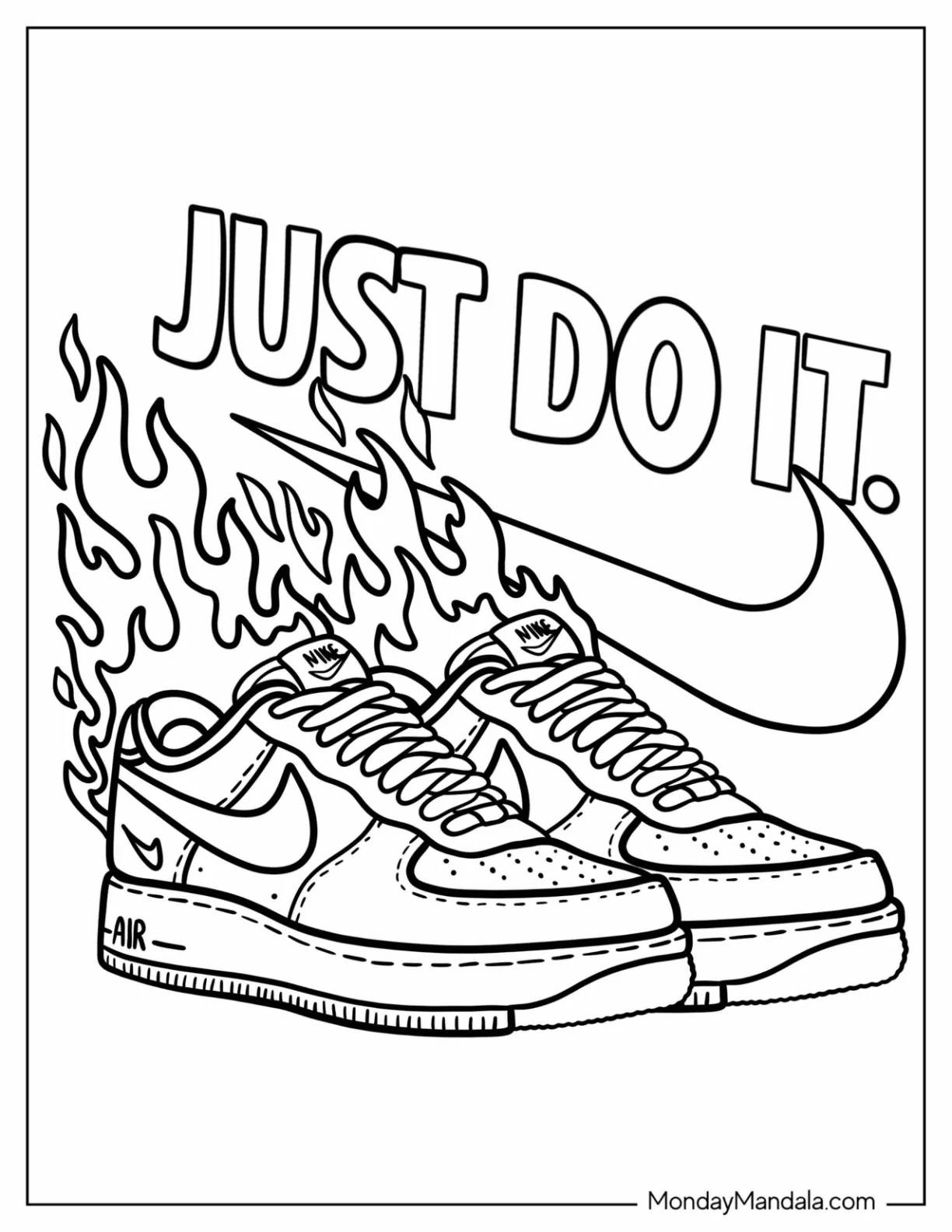 Cool Nike Coloring Page Sneakers with Flames and Just Do It Logo coloring page