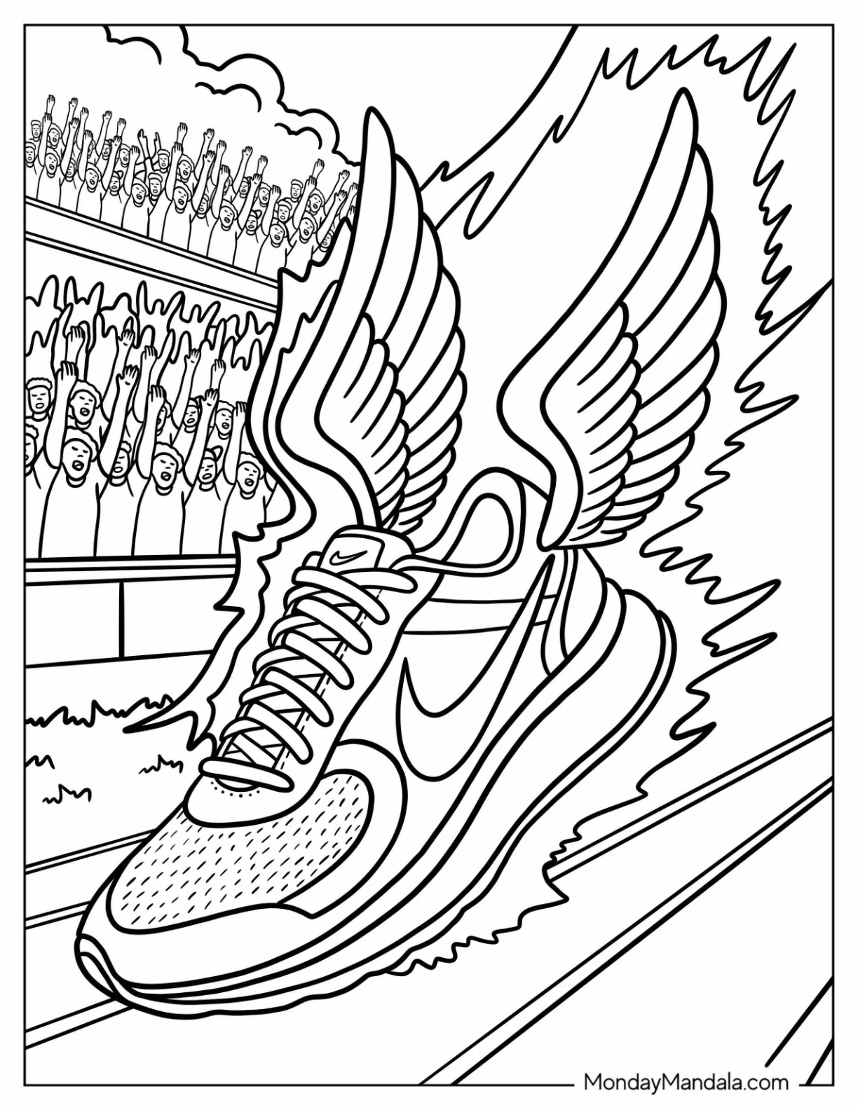 Legendary Nike Coloring Page Winged Shoe Racing Past Cheering Crowds coloring page — printable line art