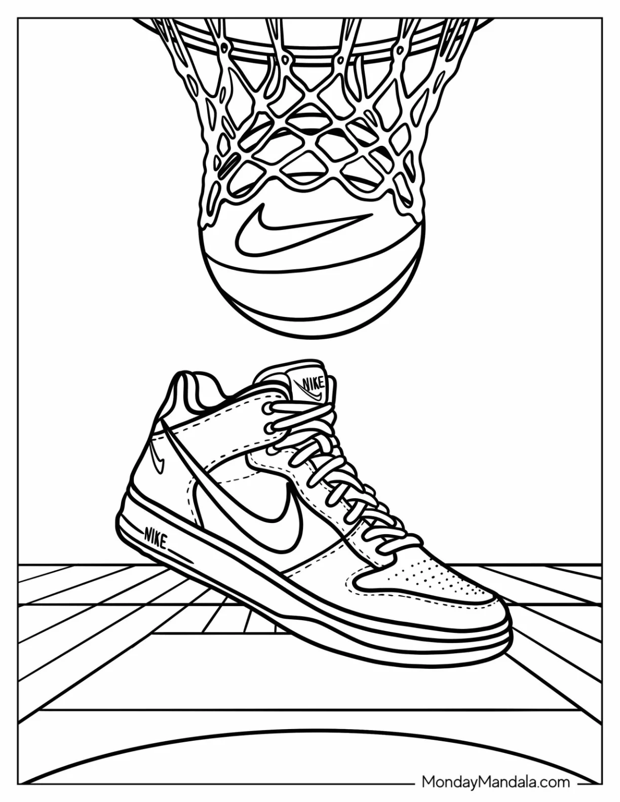 Nike Coloring Page Air Jordans Under a Basketball Going Through A Net coloring page