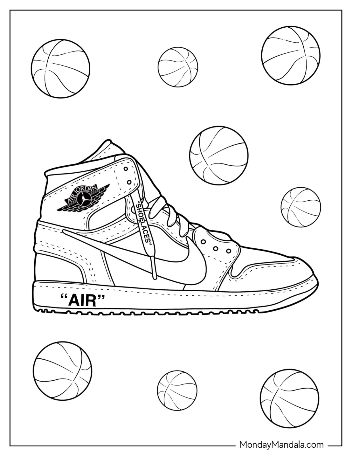 Nike Coloring Page Of Realistic Air Jordan With Basketball In Background coloring page