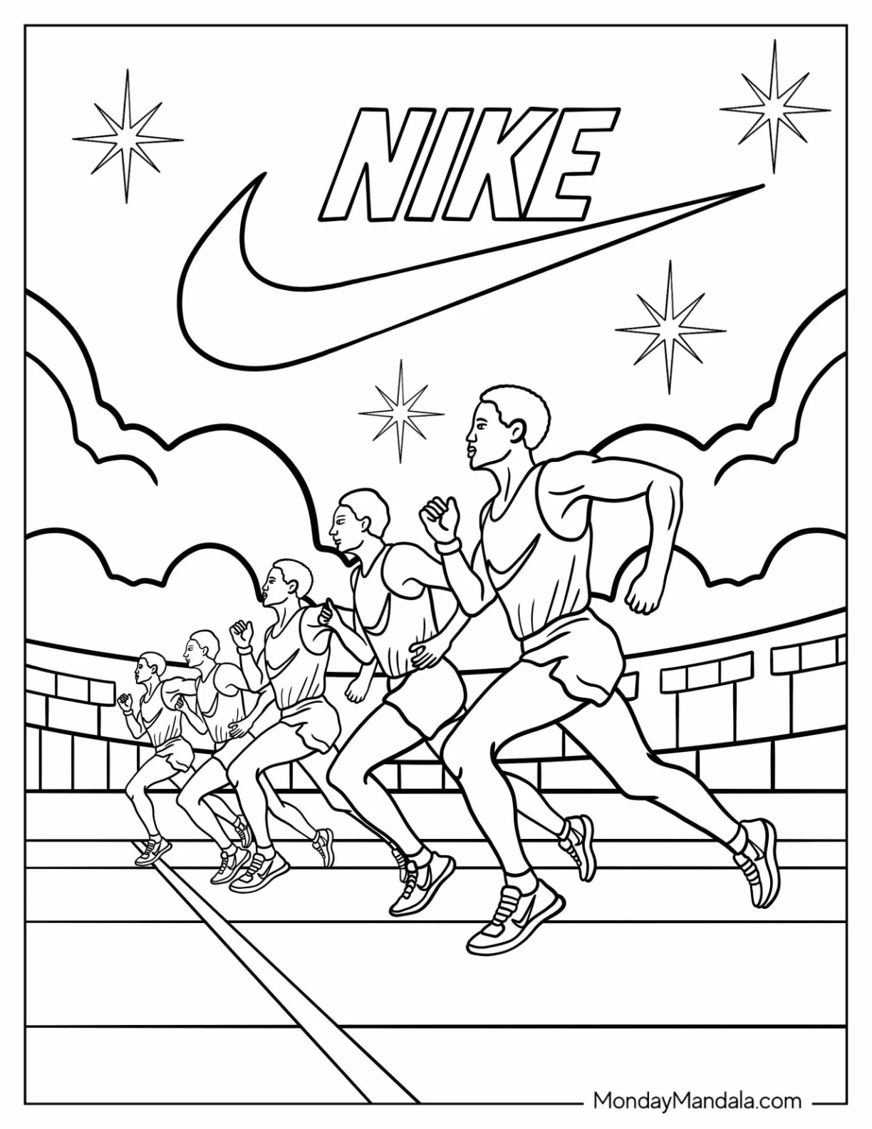 Nike Coloring Page Runners Sprinting on a Track coloring page — printable line art