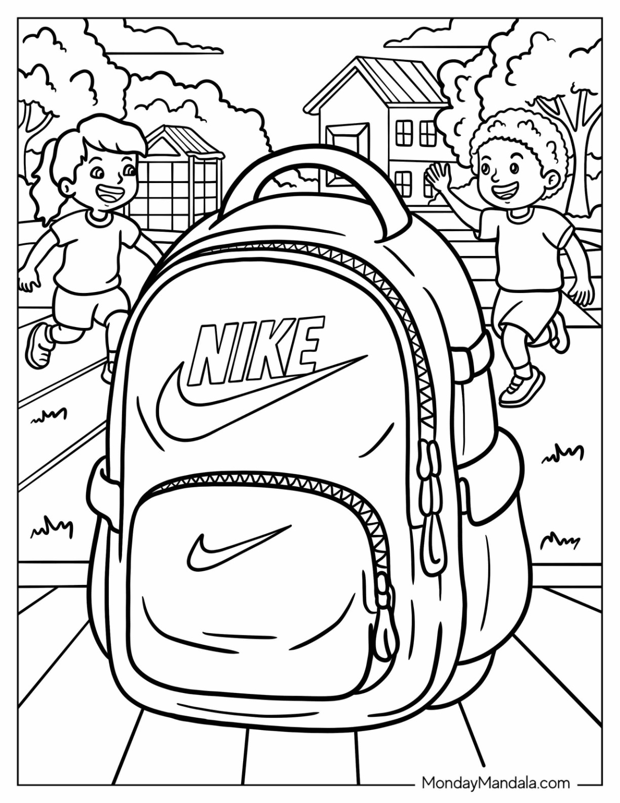 Nike Coloring Page School Backpack on a Bench with Kids in the Background coloring page — printable line art