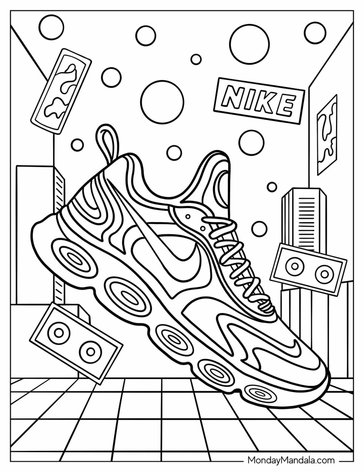 Nike Coloring Page Sneaker with Wavy Design in a Futuristic Background coloring page