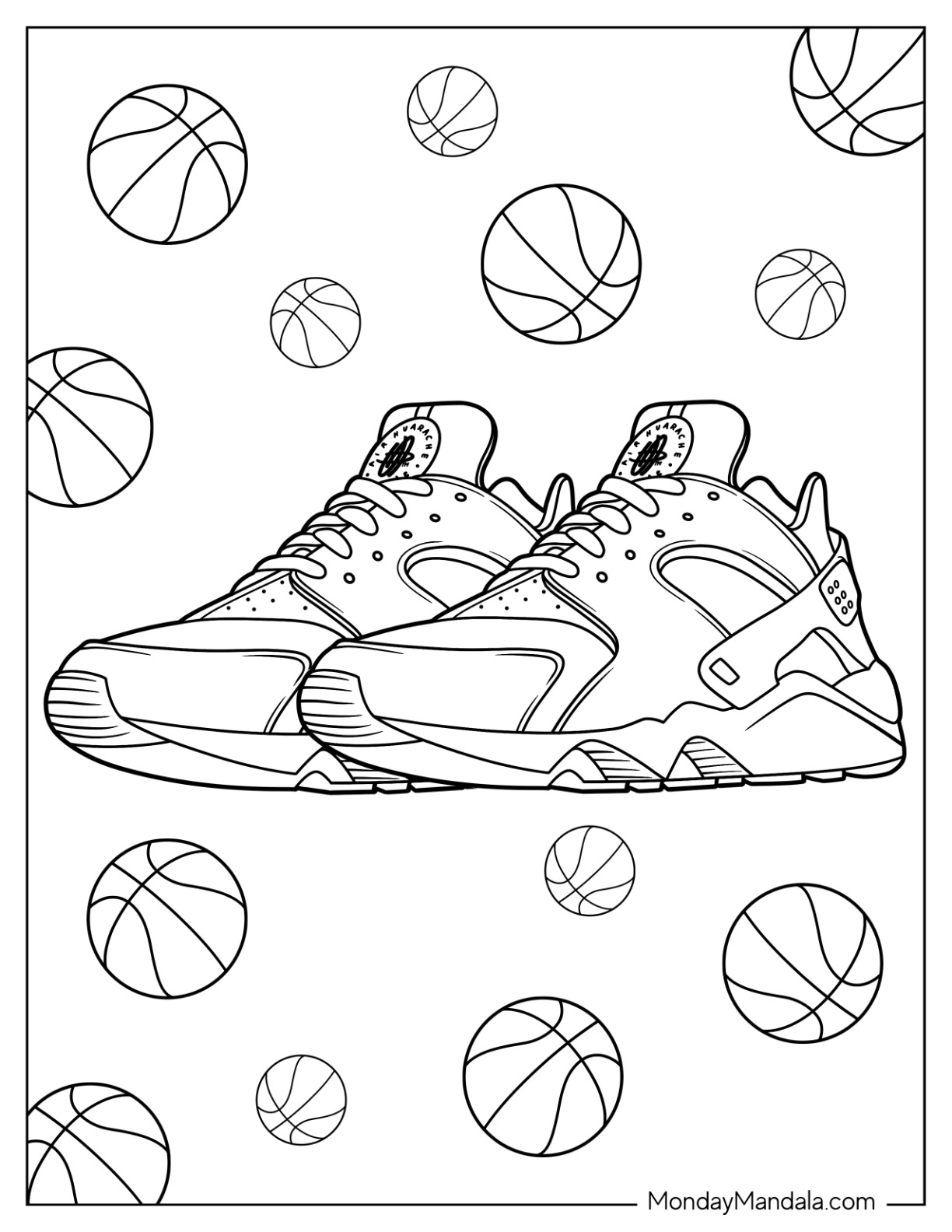 Pair Of Nike Coloring Page Of Air Huarache With Basketballs coloring page
