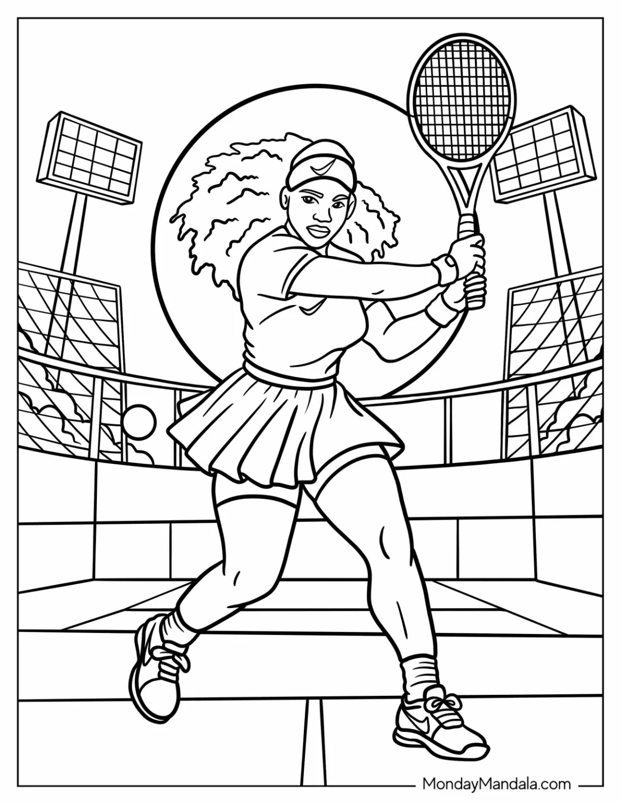 Serena Williams Playing Tennis in Nike Coloring Page Outfit coloring page — printable line art