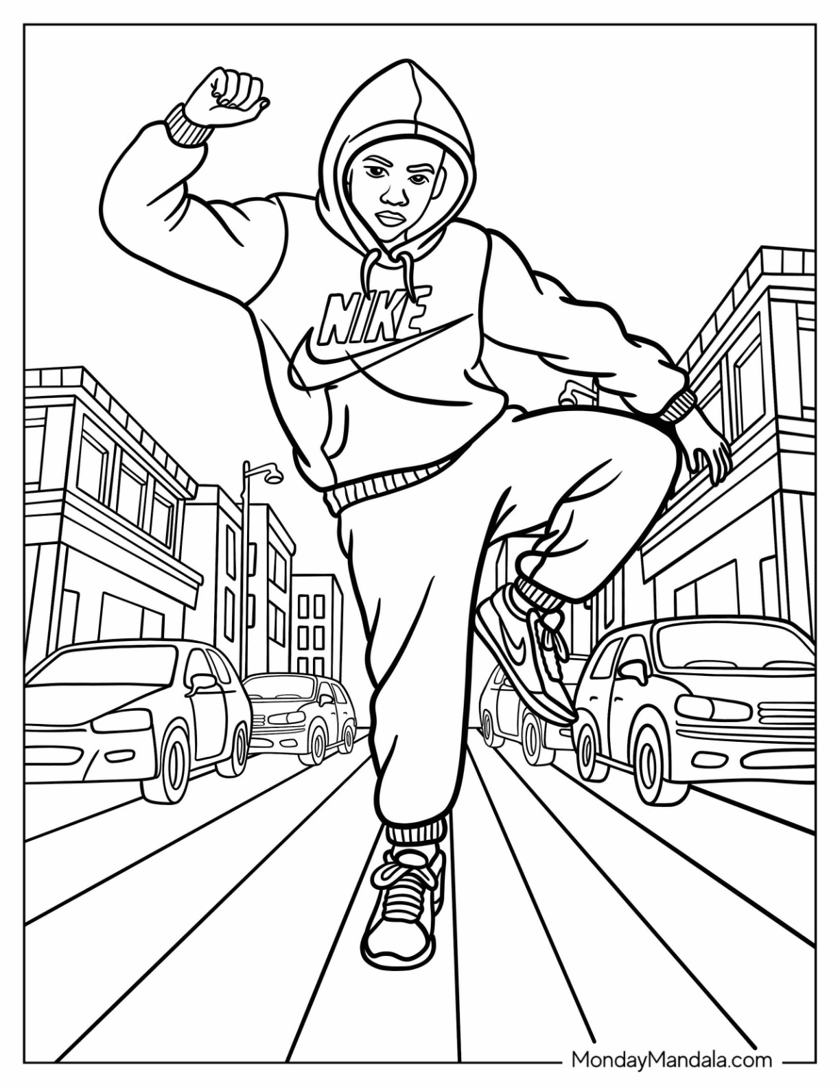 Urban Street Dancer in Nike Coloring Page Hoodie and Sneakers coloring page