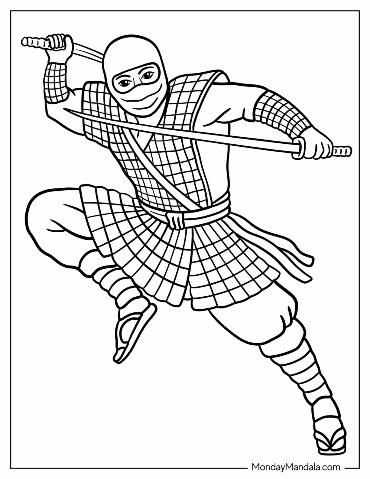 Easy Ninja With Swords In A Fight Coloring Page For Kids coloring page — printable line art