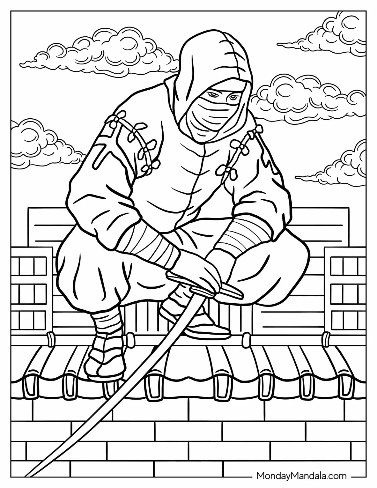 Ninja Crouched On A Roof Coloring Sheet coloring page