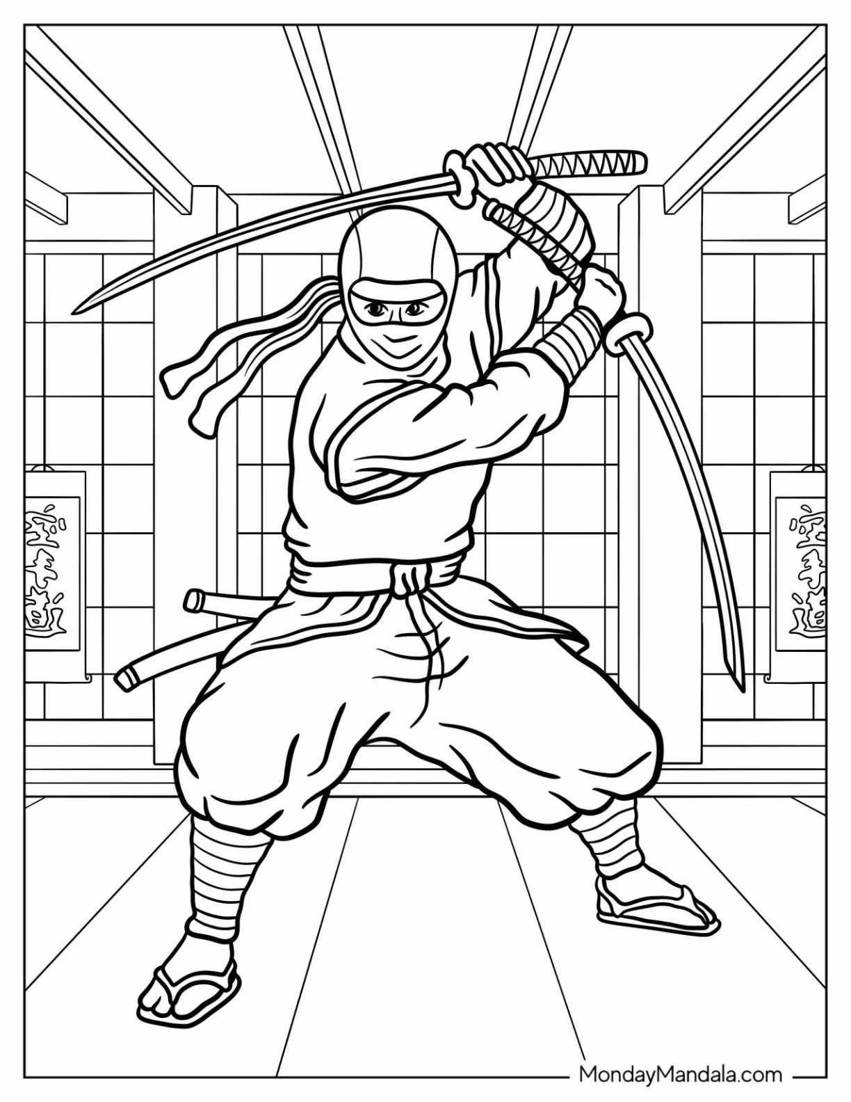 Ninja Fighting Using Two Swords coloring page