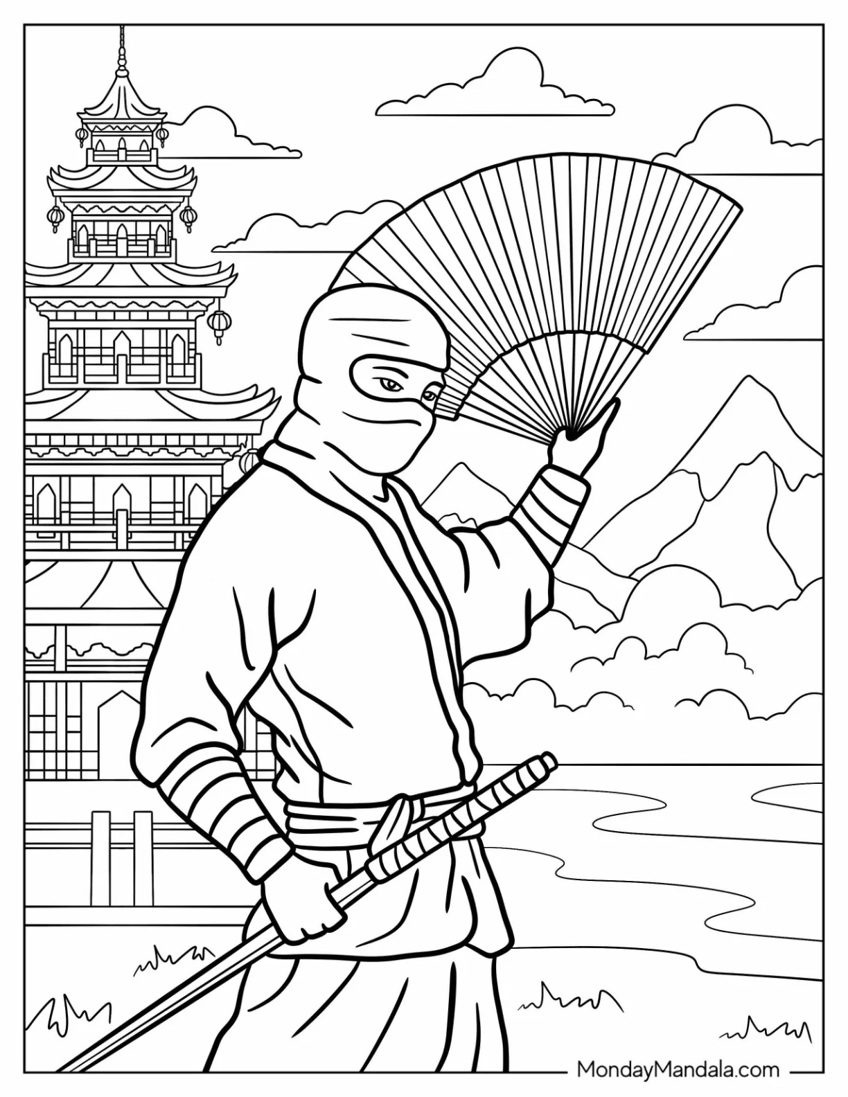 Ninja Holding A Sword And A Fan Coloring Page coloring page