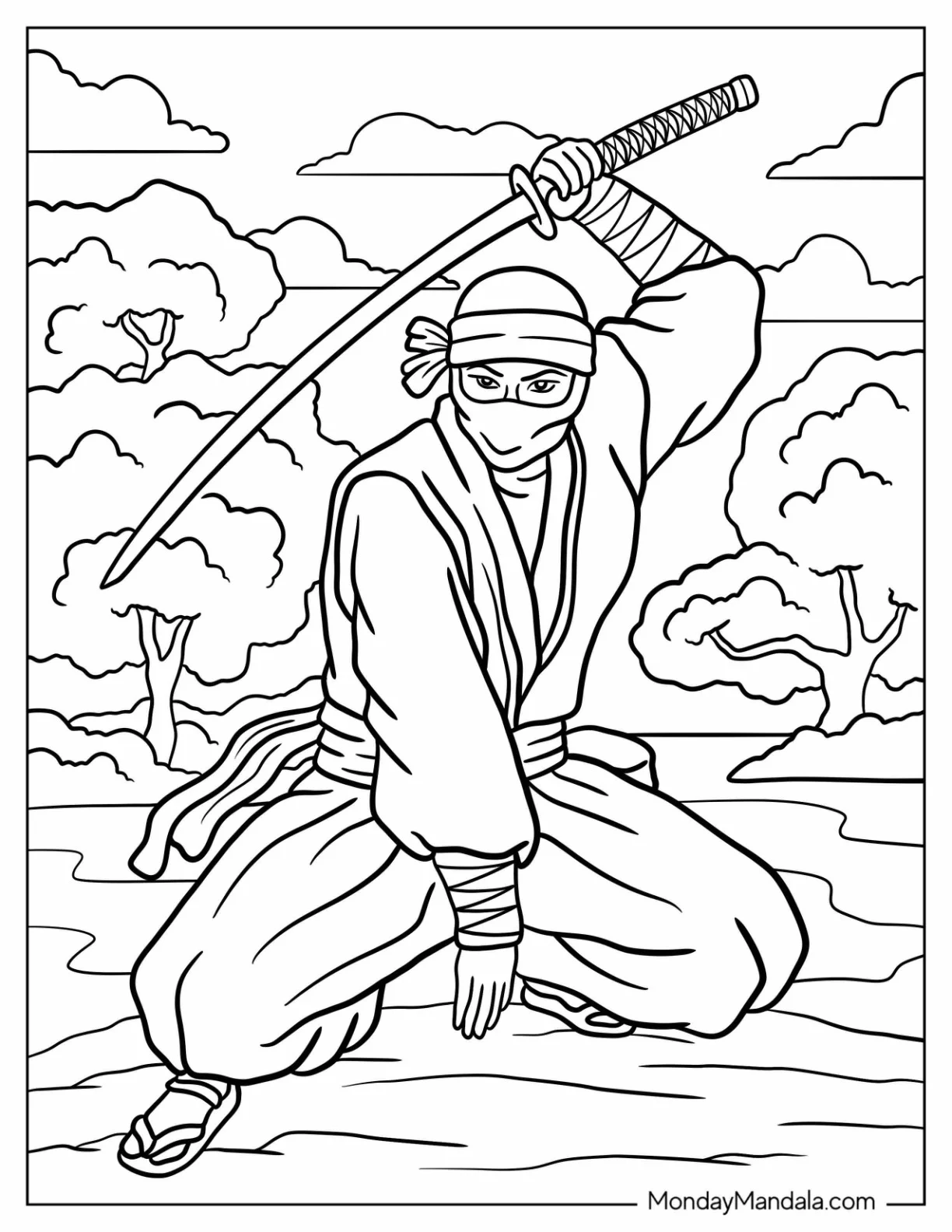 Ninja In A Fighting Stance In The Forest coloring page