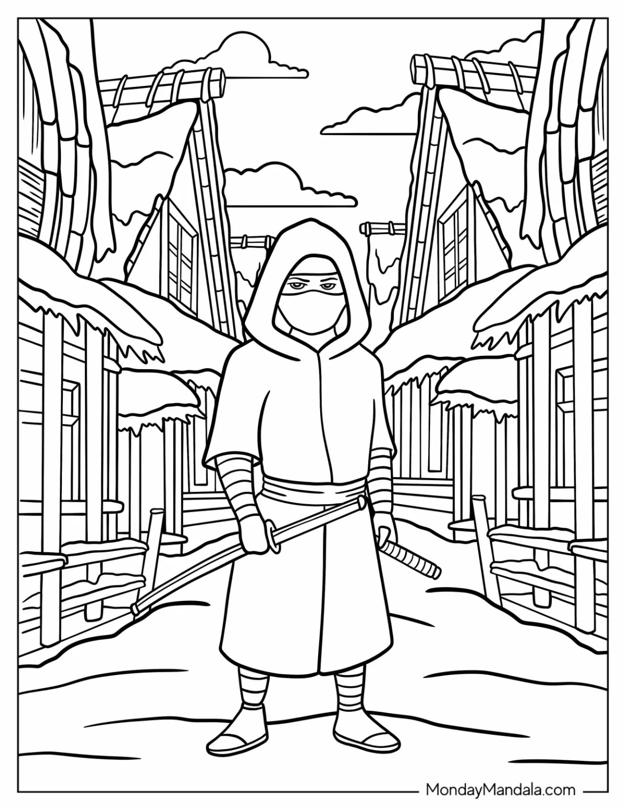Ninja In An Old Japanese Village Coloring Sheet coloring page