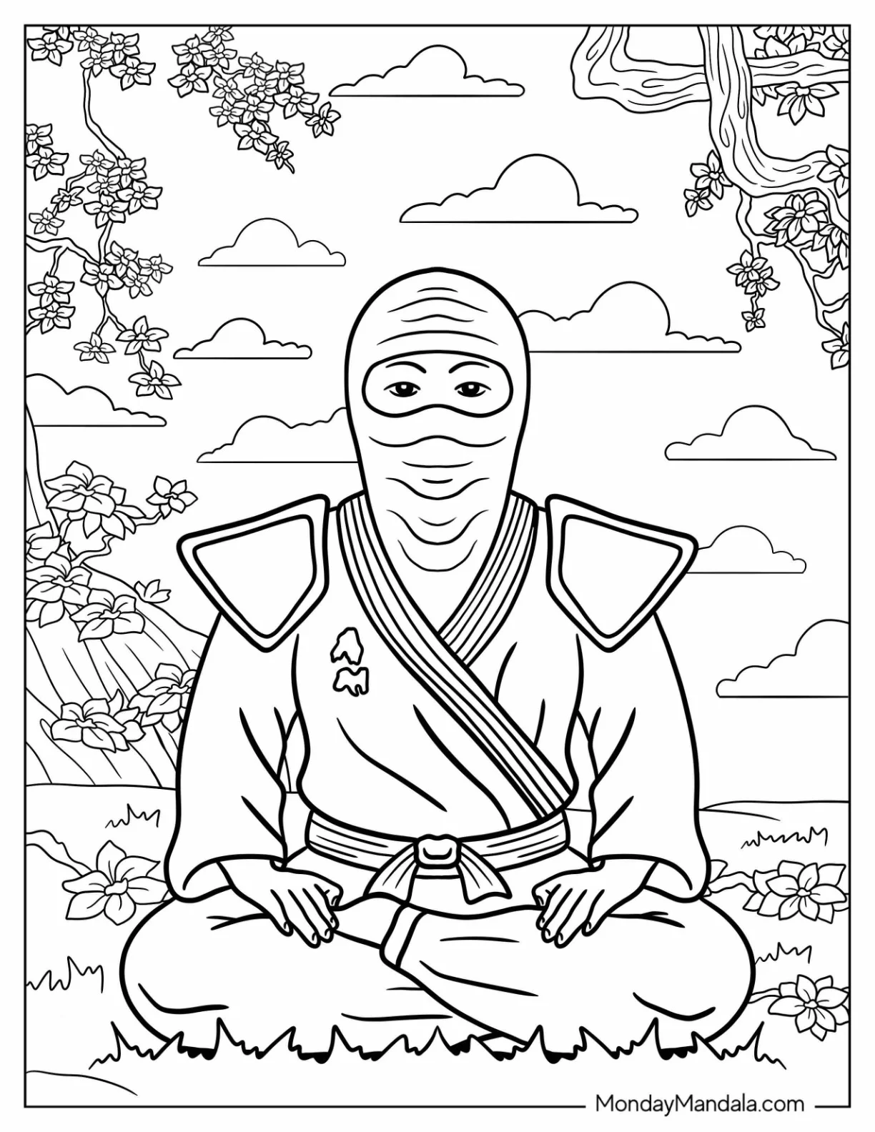 Ninja Meditating In A Japanese Garden coloring page — printable line art