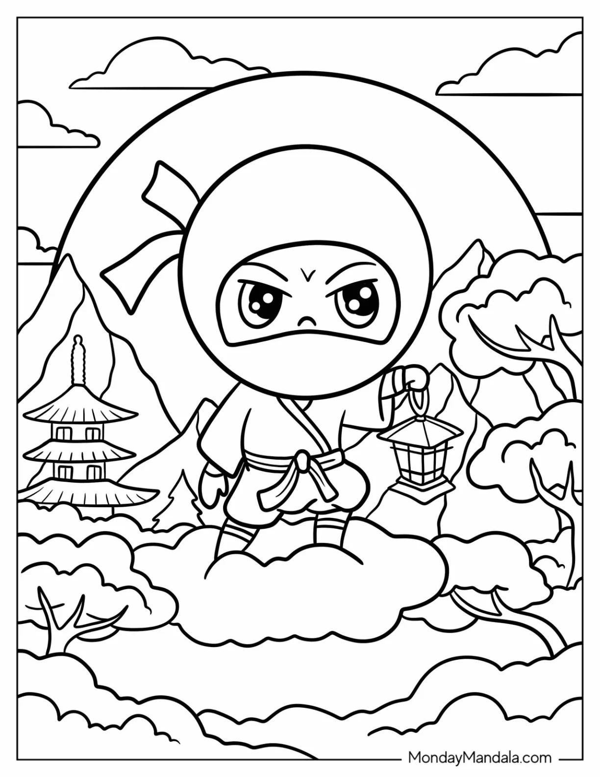 Ninja On A Cloud Holding A Lantern Coloring Sheet For Kids coloring page — printable line art