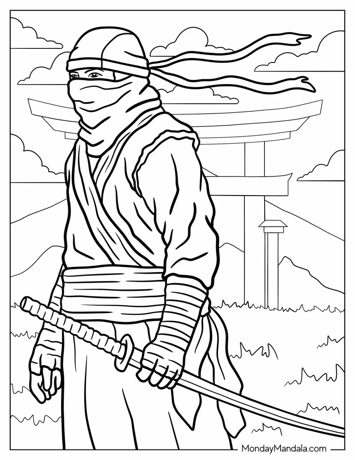 Realistic Ninja In Front Of A Torii Coloring Page coloring page — printable line art